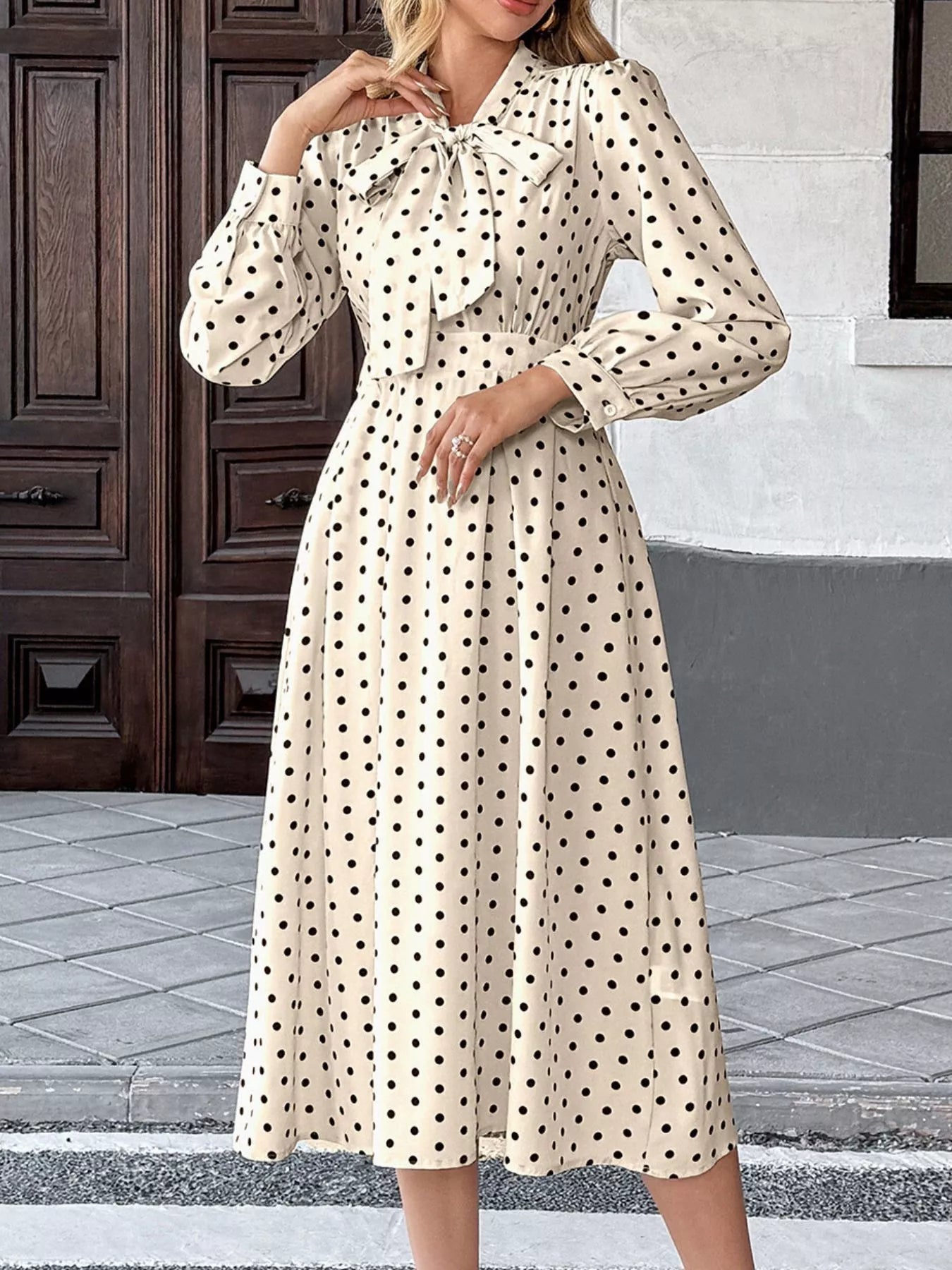 Polka Dot Tie Front Long Sleeve Midi Dress - MAD RUFFI