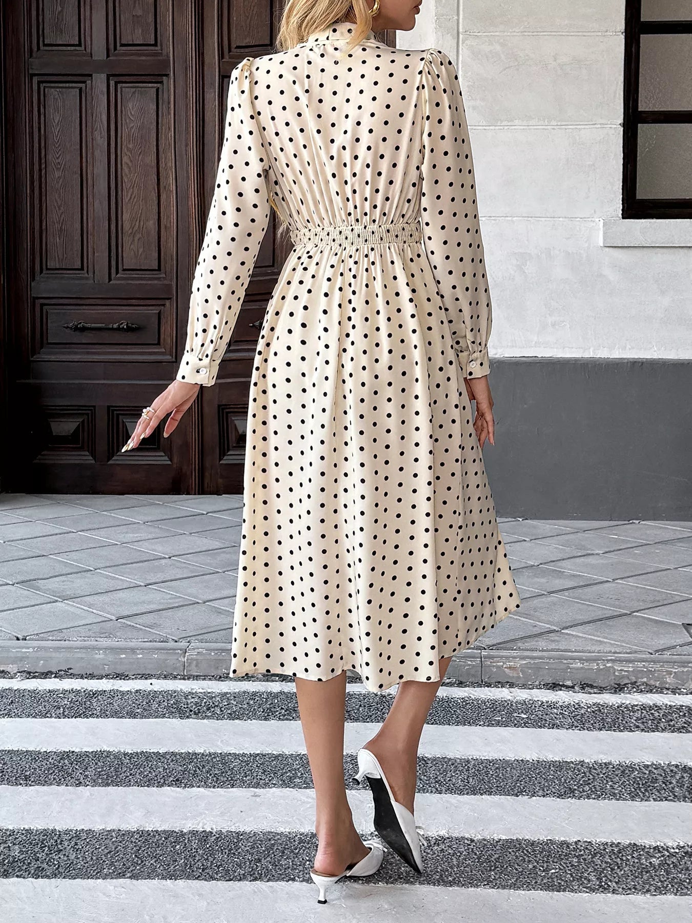 Polka Dot Tie Front Long Sleeve Midi Dress - MAD RUFFI