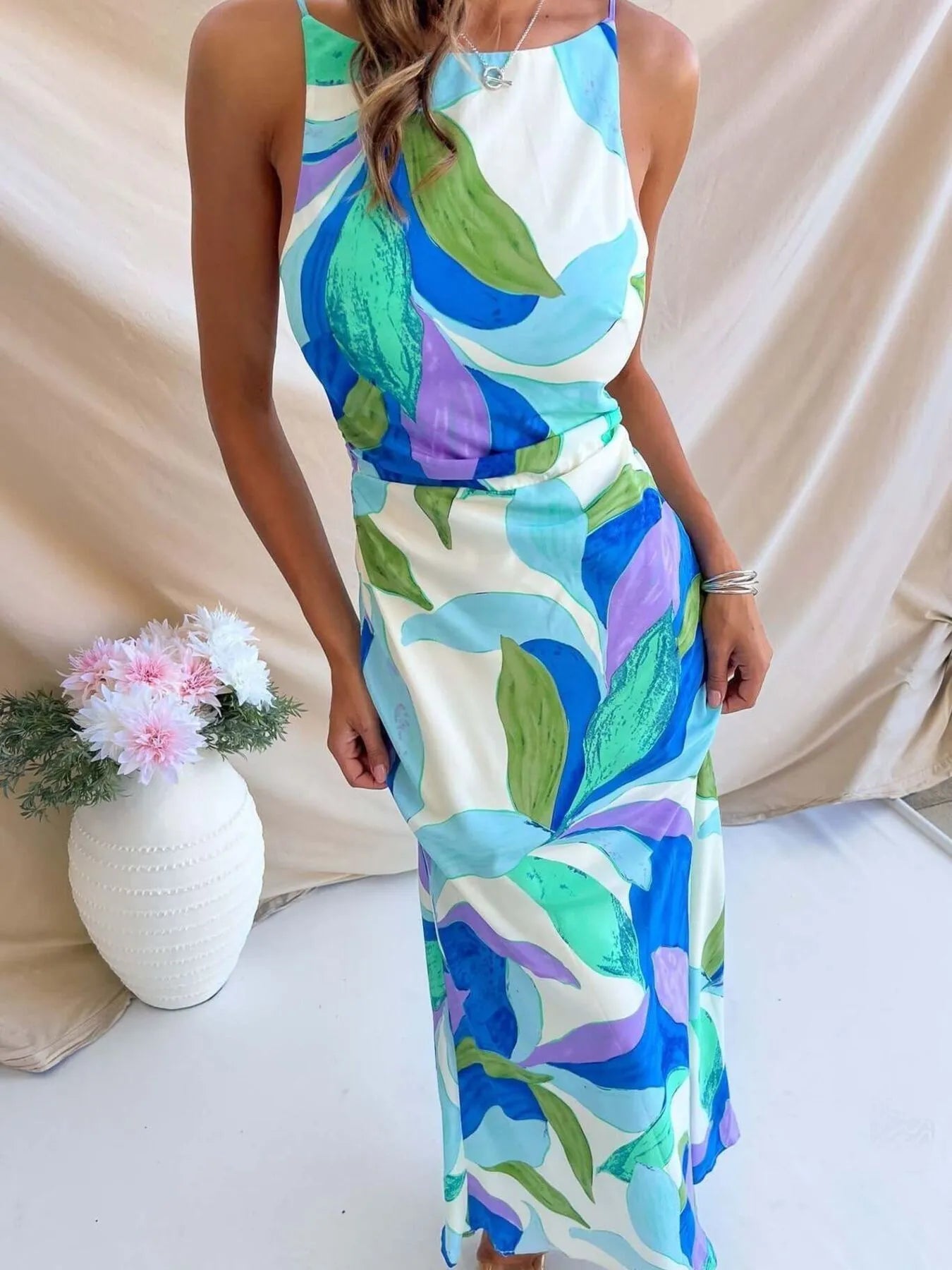 Printed Backless Sleeveless Maxi Dress - MAD RUFFI