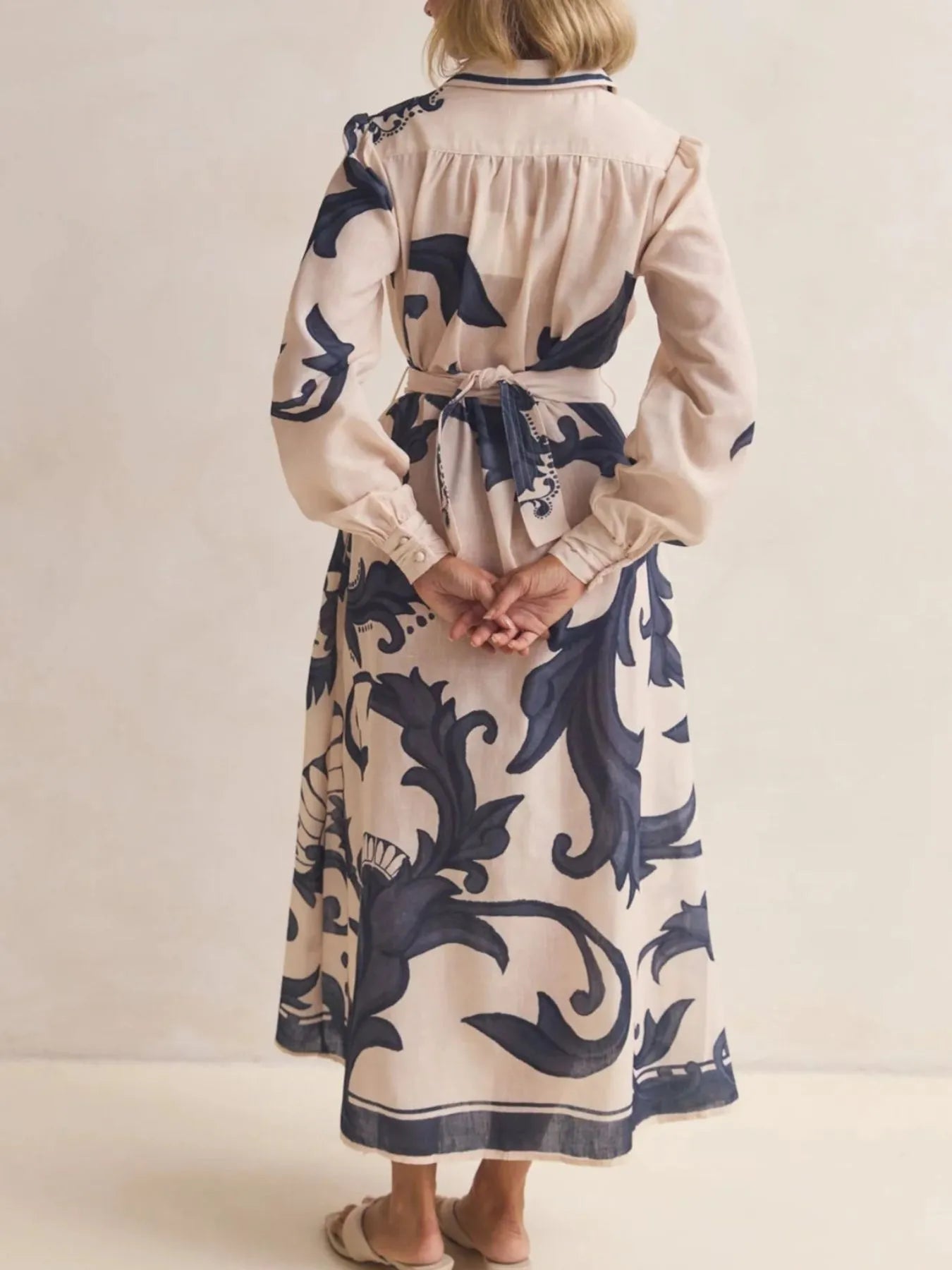 Printed Button Down Belted Shirt Dress - MAD RUFFI