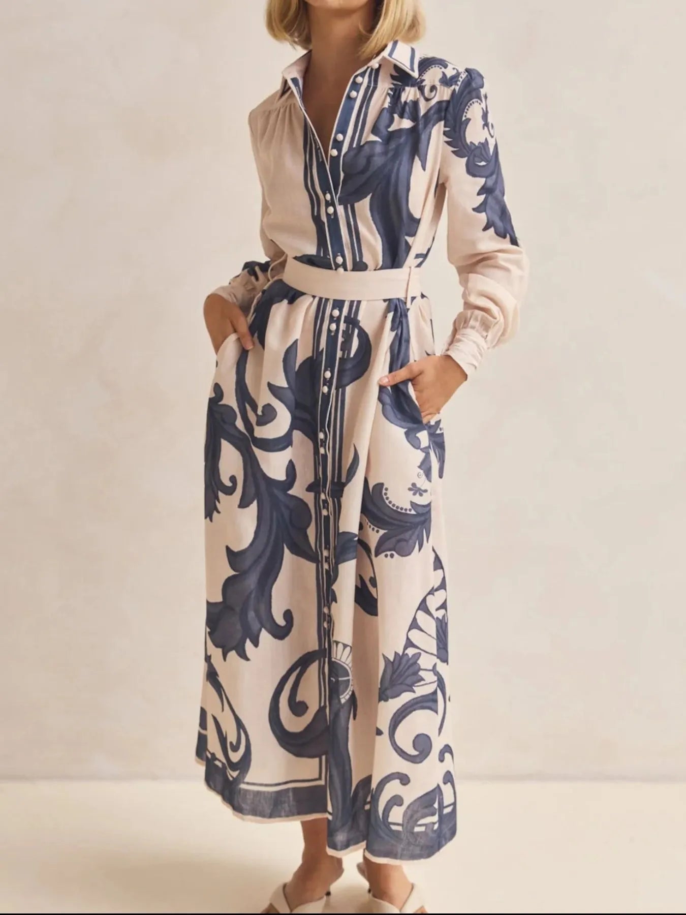 Printed Button Down Belted Shirt Dress - MAD RUFFI