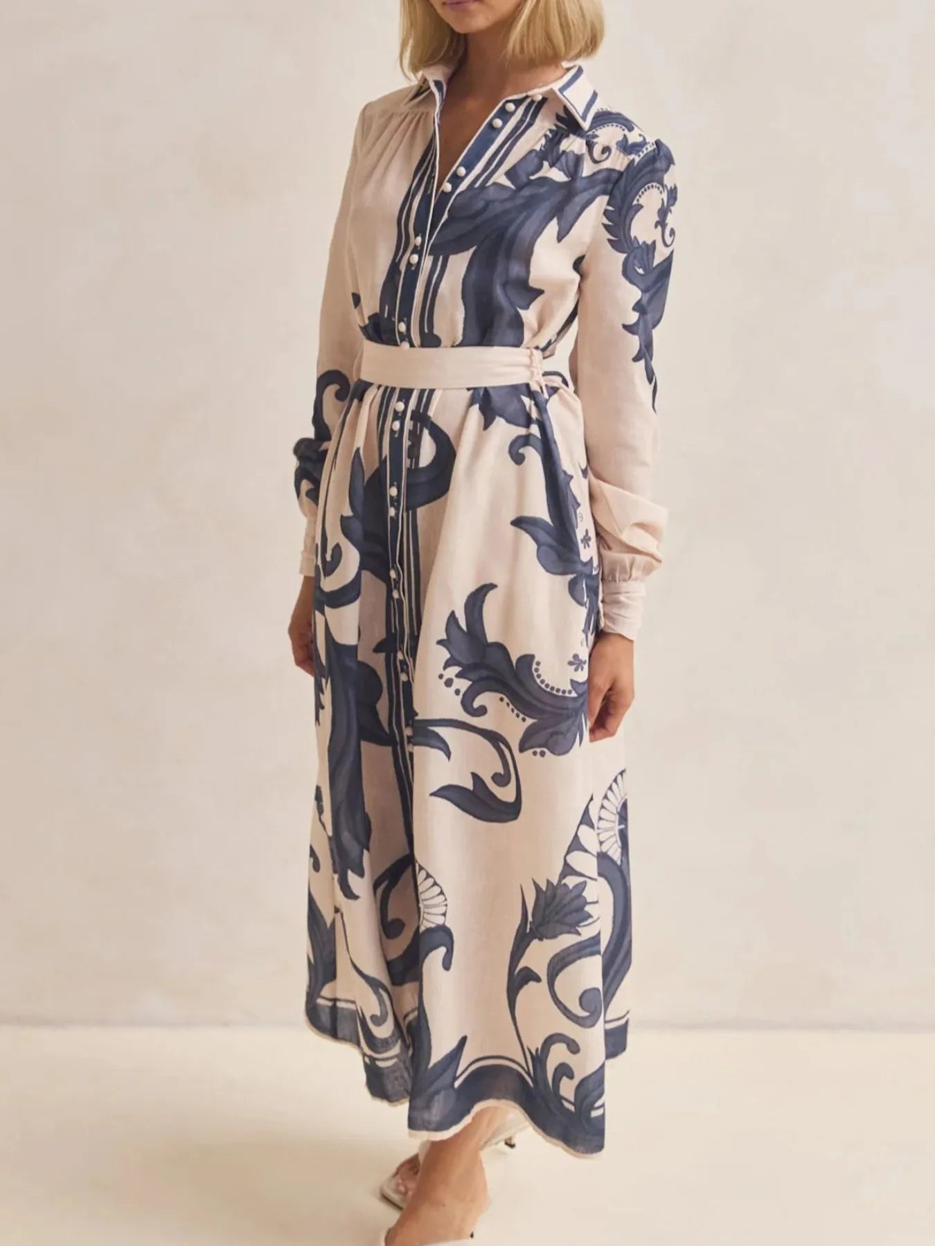 Printed Button Down Belted Shirt Dress - MAD RUFFI