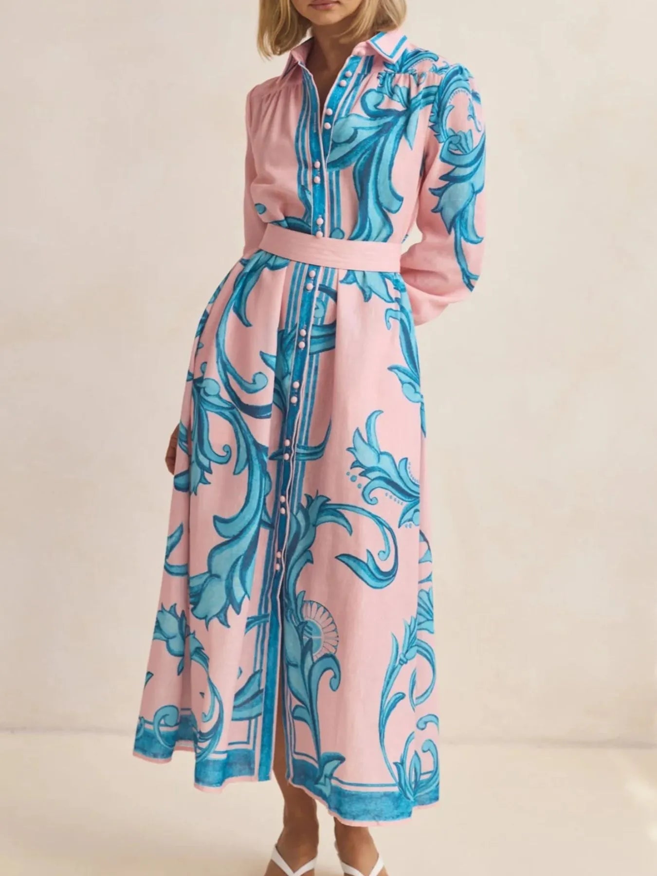 Printed Button Down Belted Shirt Dress - MAD RUFFI