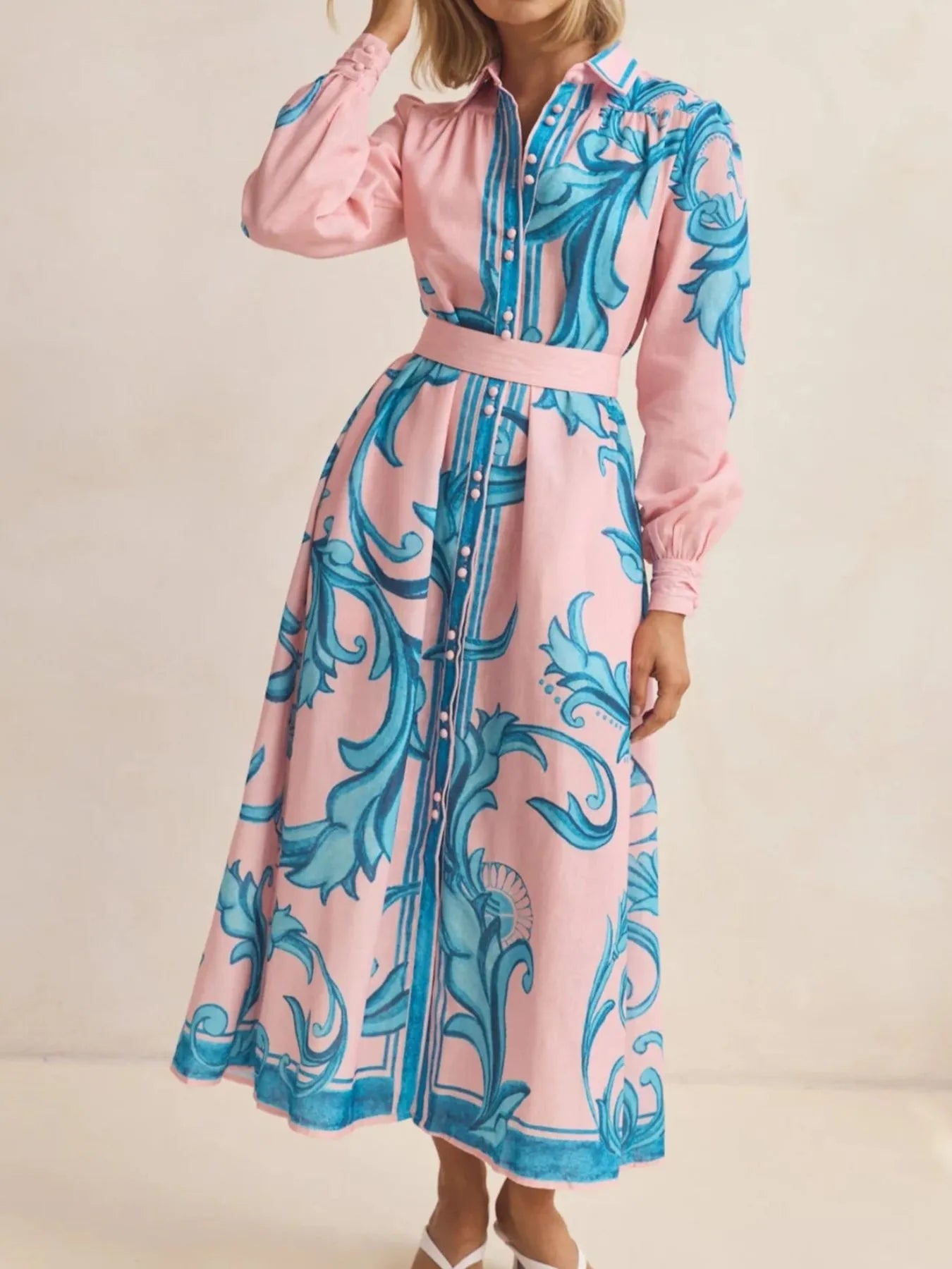 Printed Button Down Belted Shirt Dress - MAD RUFFI