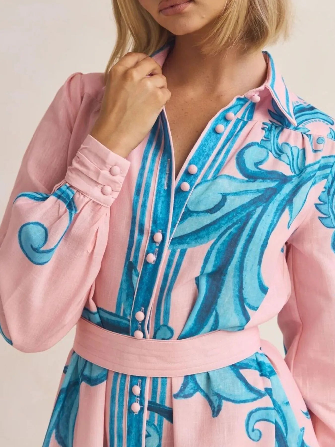 Printed Button Down Belted Shirt Dress - MAD RUFFI