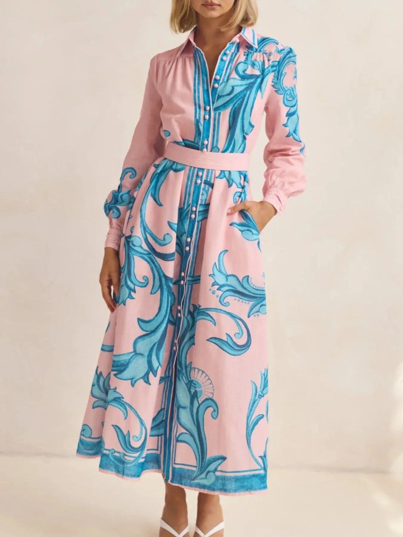 Printed Button Down Belted Shirt Dress - MAD RUFFI