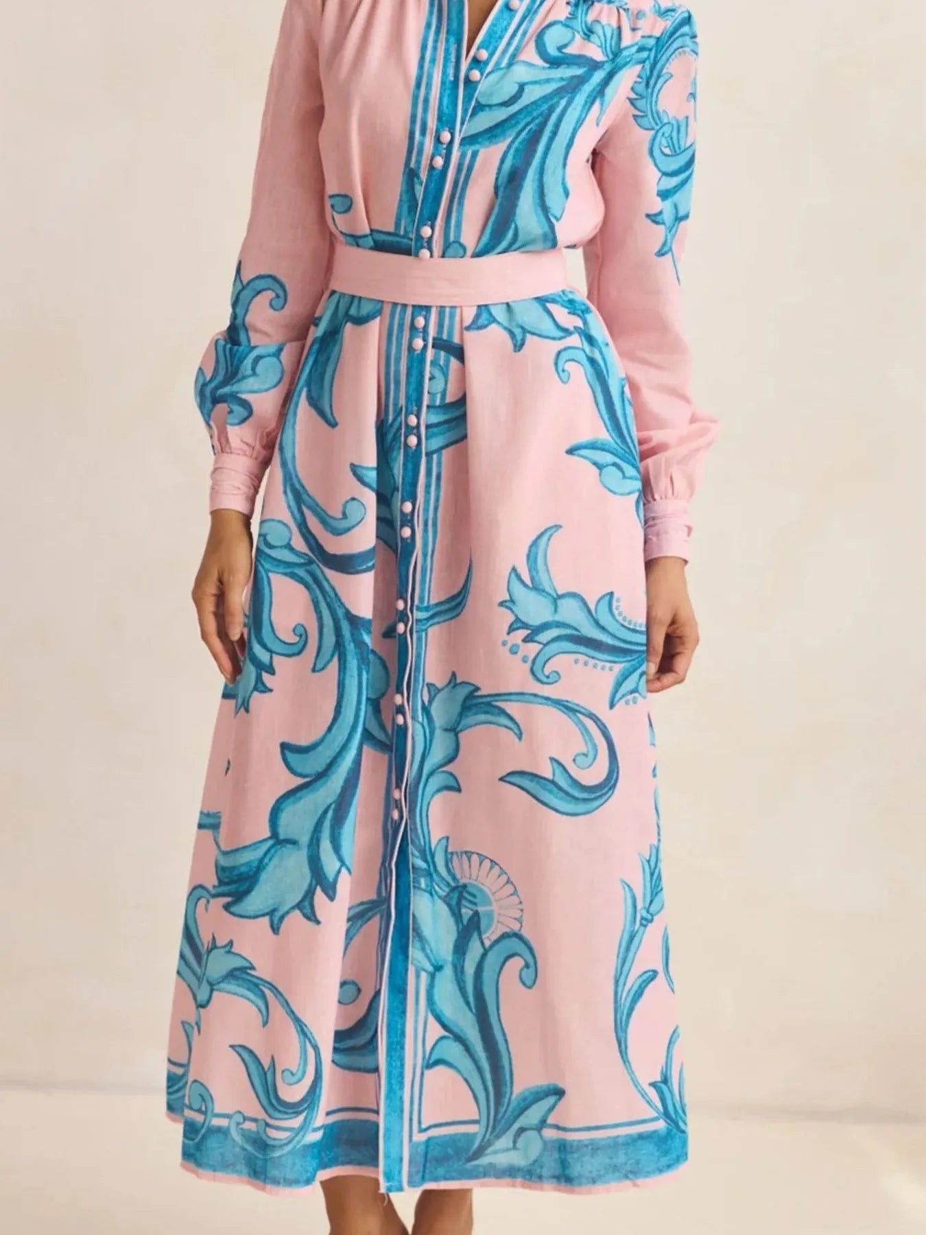 Printed Button Down Belted Shirt Dress - MAD RUFFI