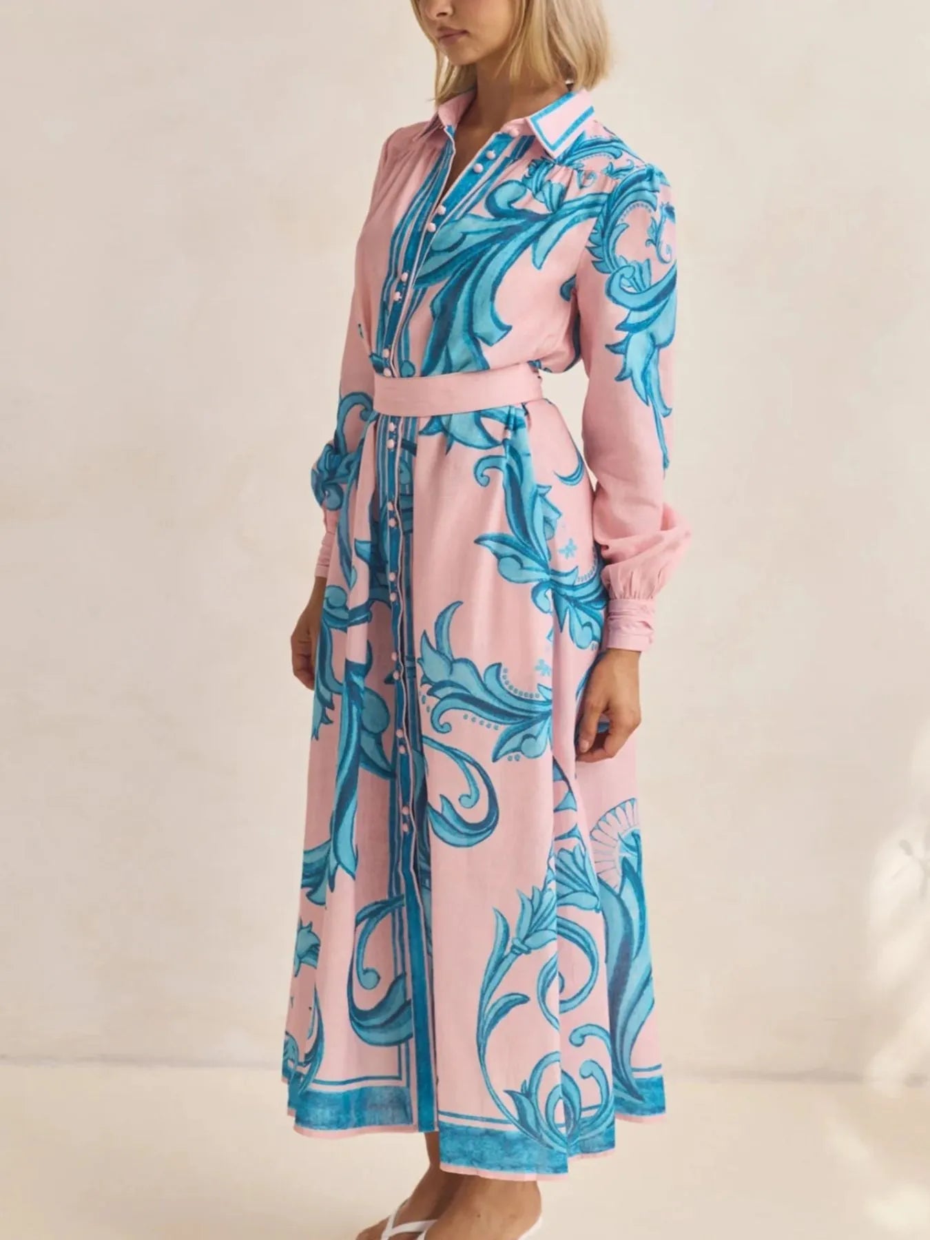 Printed Button Down Belted Shirt Dress - MAD RUFFI