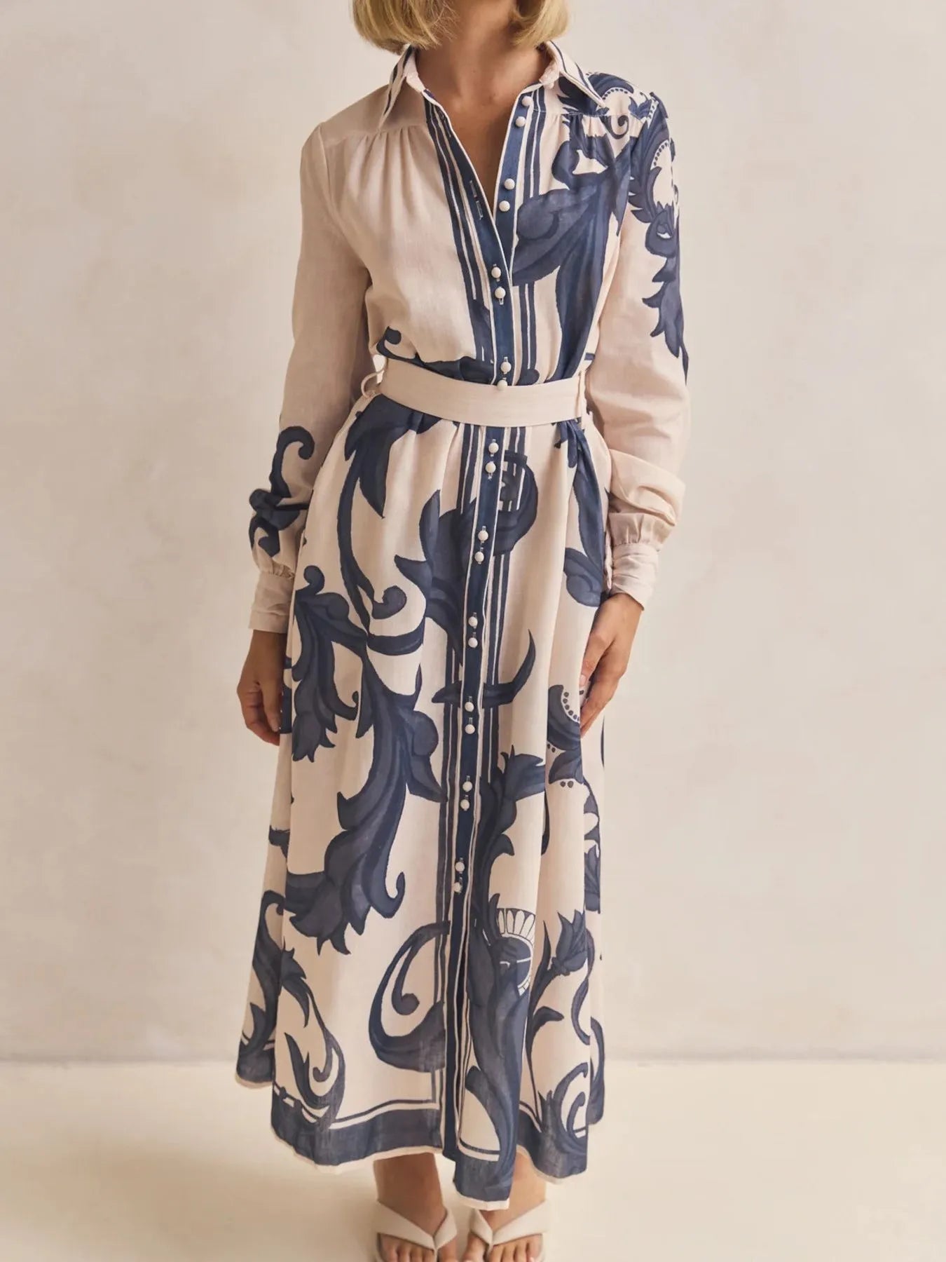 Printed Button Down Belted Shirt Dress - MAD RUFFI
