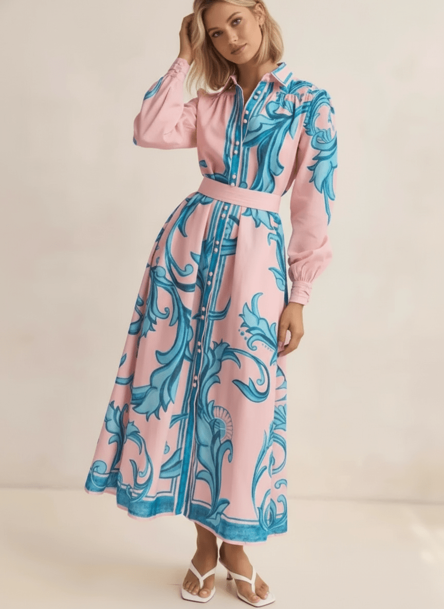 Printed Button Down Belted Shirt Dress - MAD RUFFI