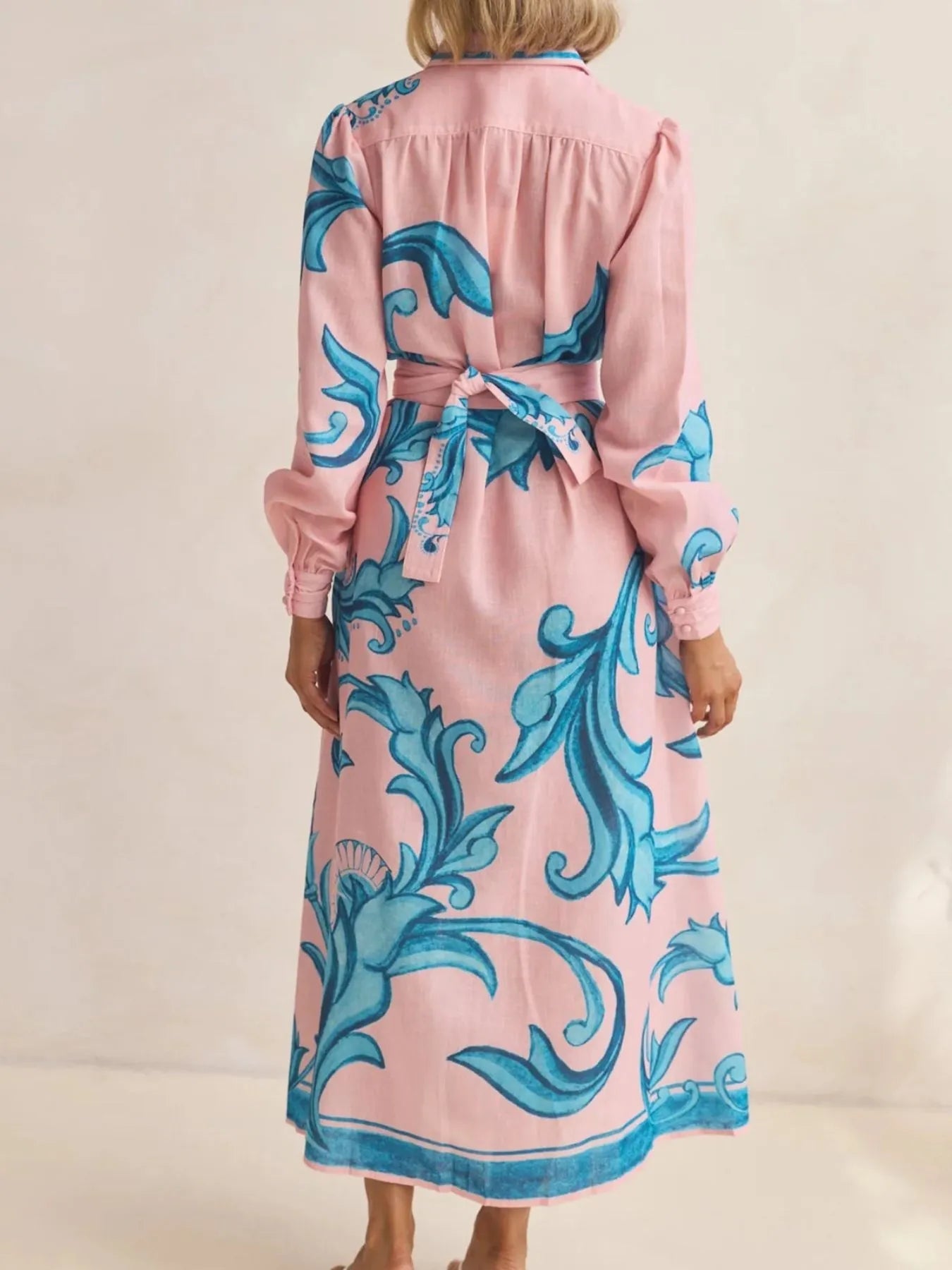 Printed Button Down Belted Shirt Dress - MAD RUFFI