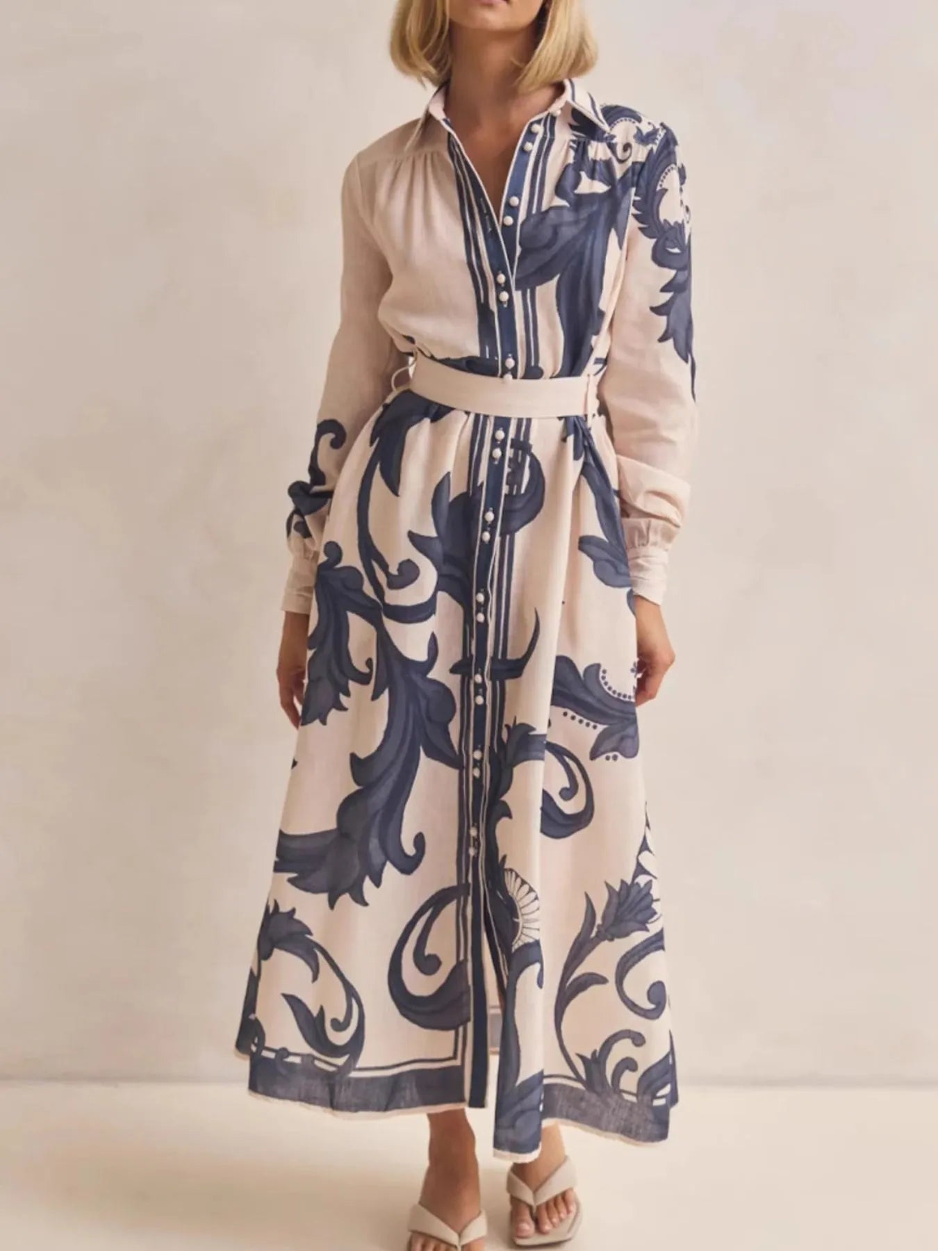 Printed Button Down Belted Shirt Dress - MAD RUFFI