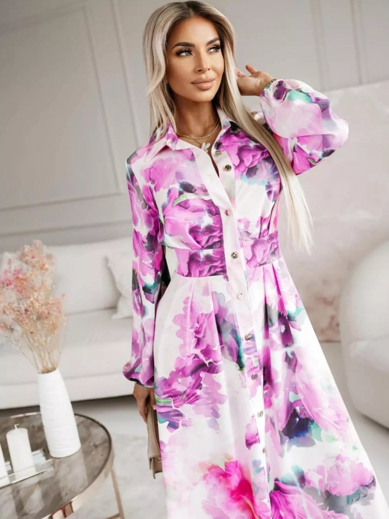 Printed Button Front Maxi Shirt Dress - MAD RUFFI