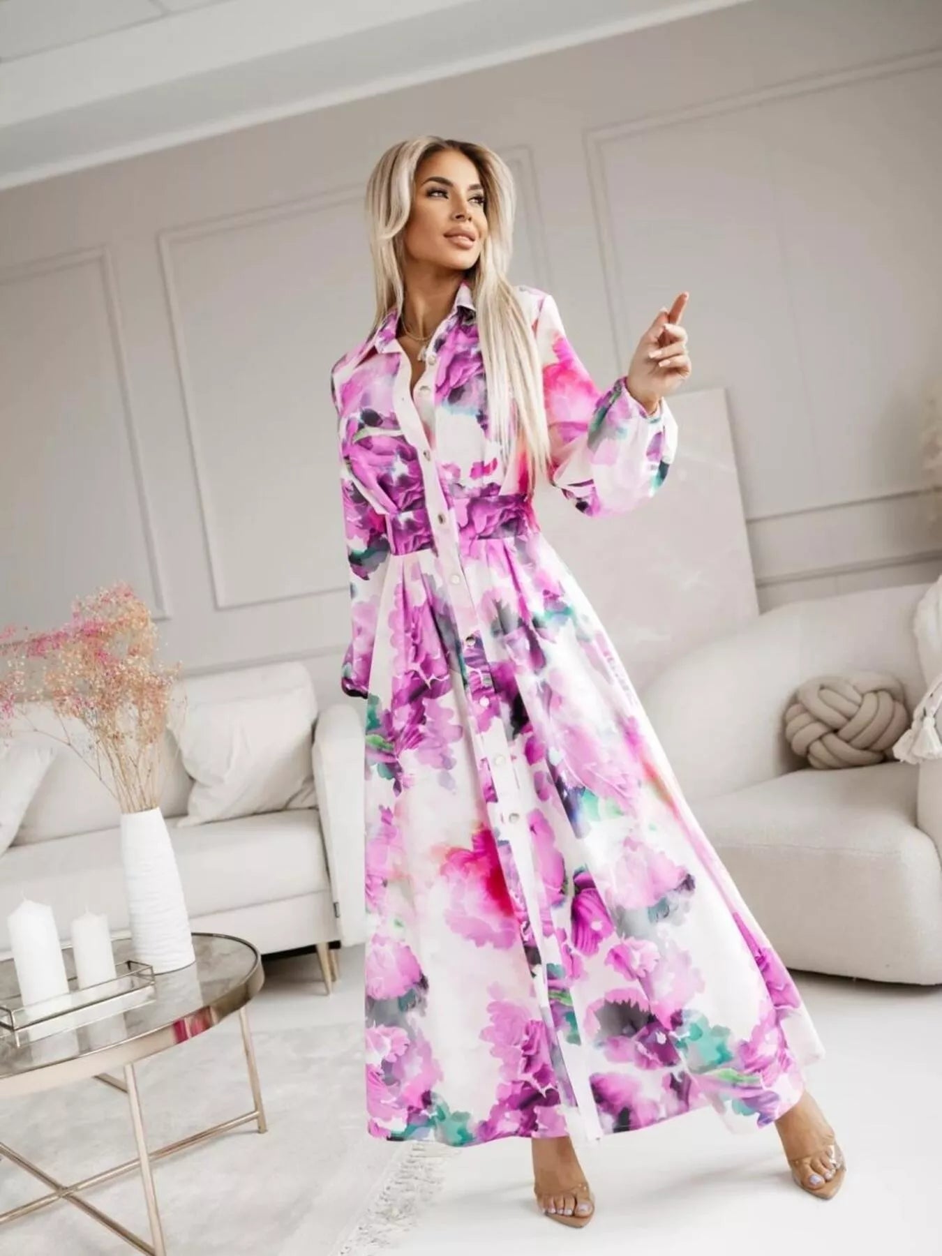 Printed Button Front Maxi Shirt Dress - MAD RUFFI