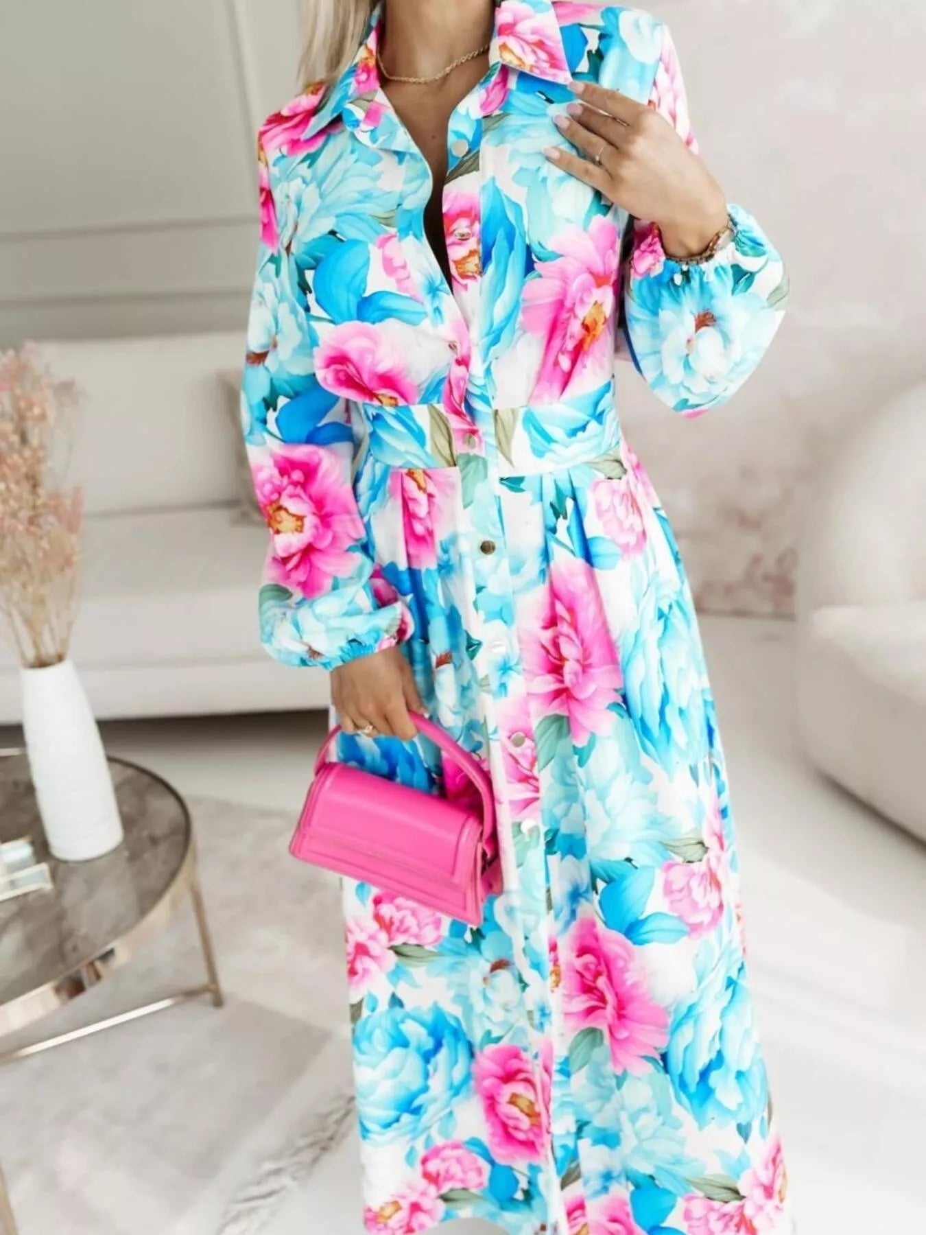 Printed Button Front Maxi Shirt Dress - MAD RUFFI
