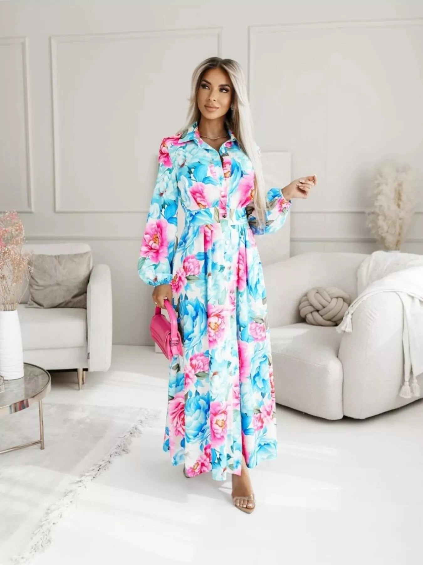 Printed Button Front Maxi Shirt Dress - MAD RUFFI