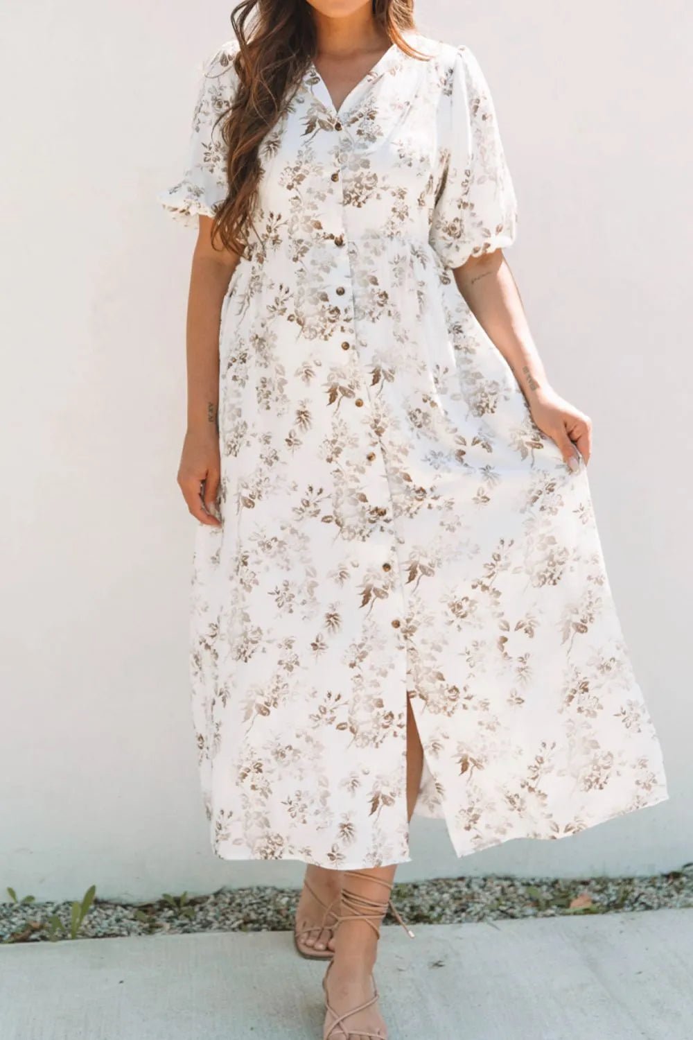 Printed Button Front Puff Sleeve Dress - MAD RUFFI