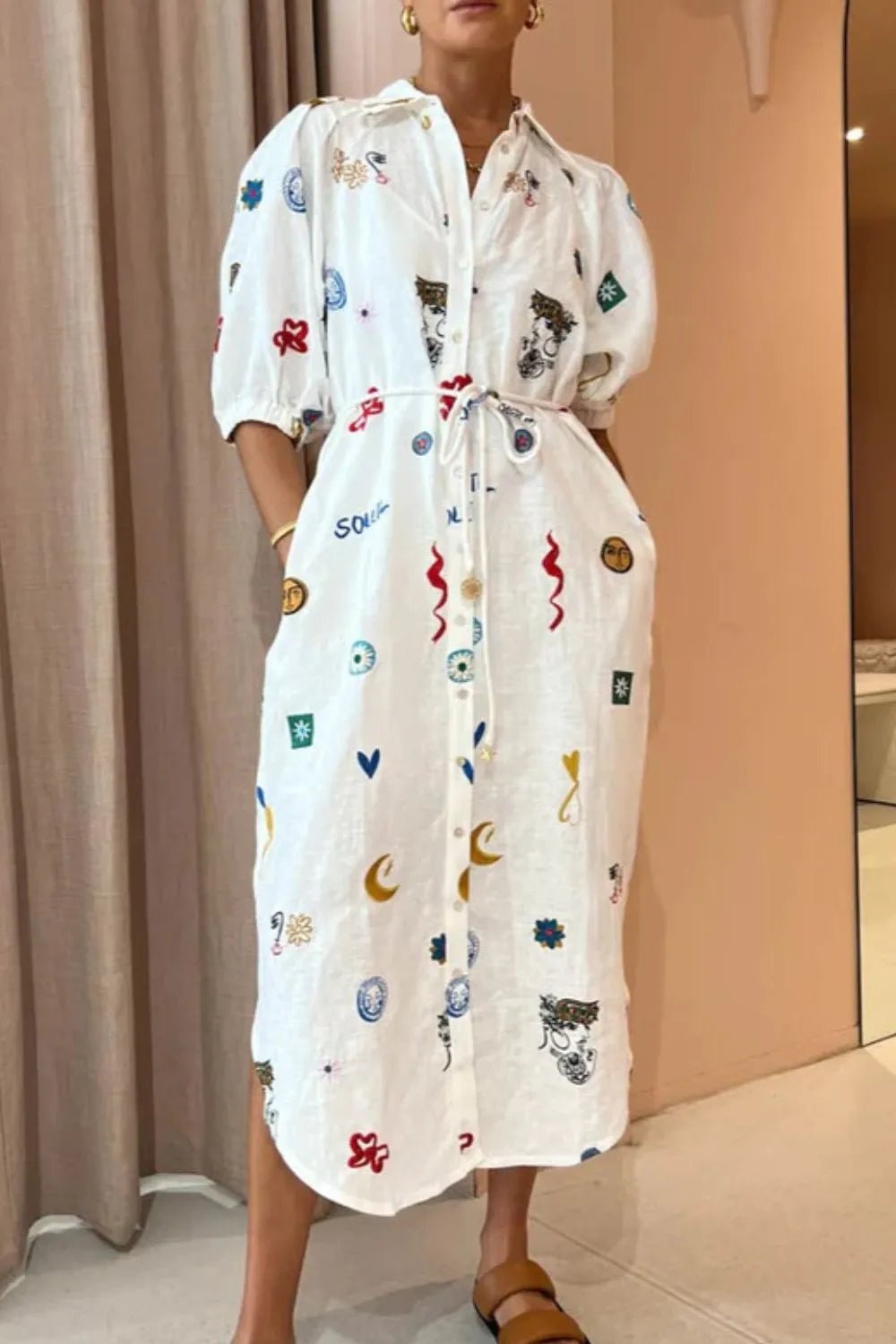 Printed Button - Up Midi Shirt Dress - MAD RUFFI