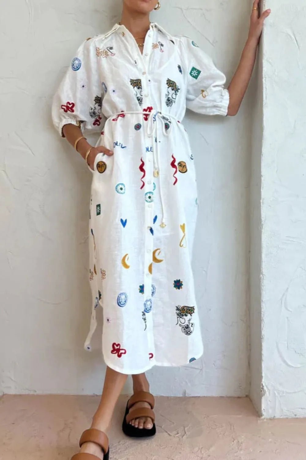 Printed Button - Up Midi Shirt Dress - MAD RUFFI