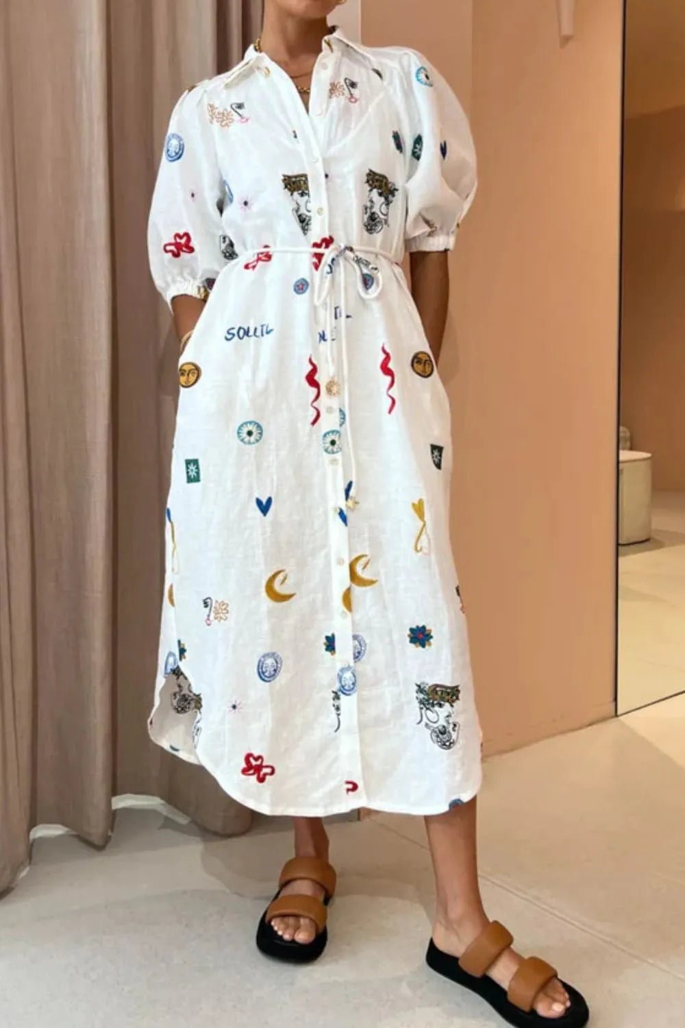 Printed Button - Up Midi Shirt Dress - MAD RUFFI