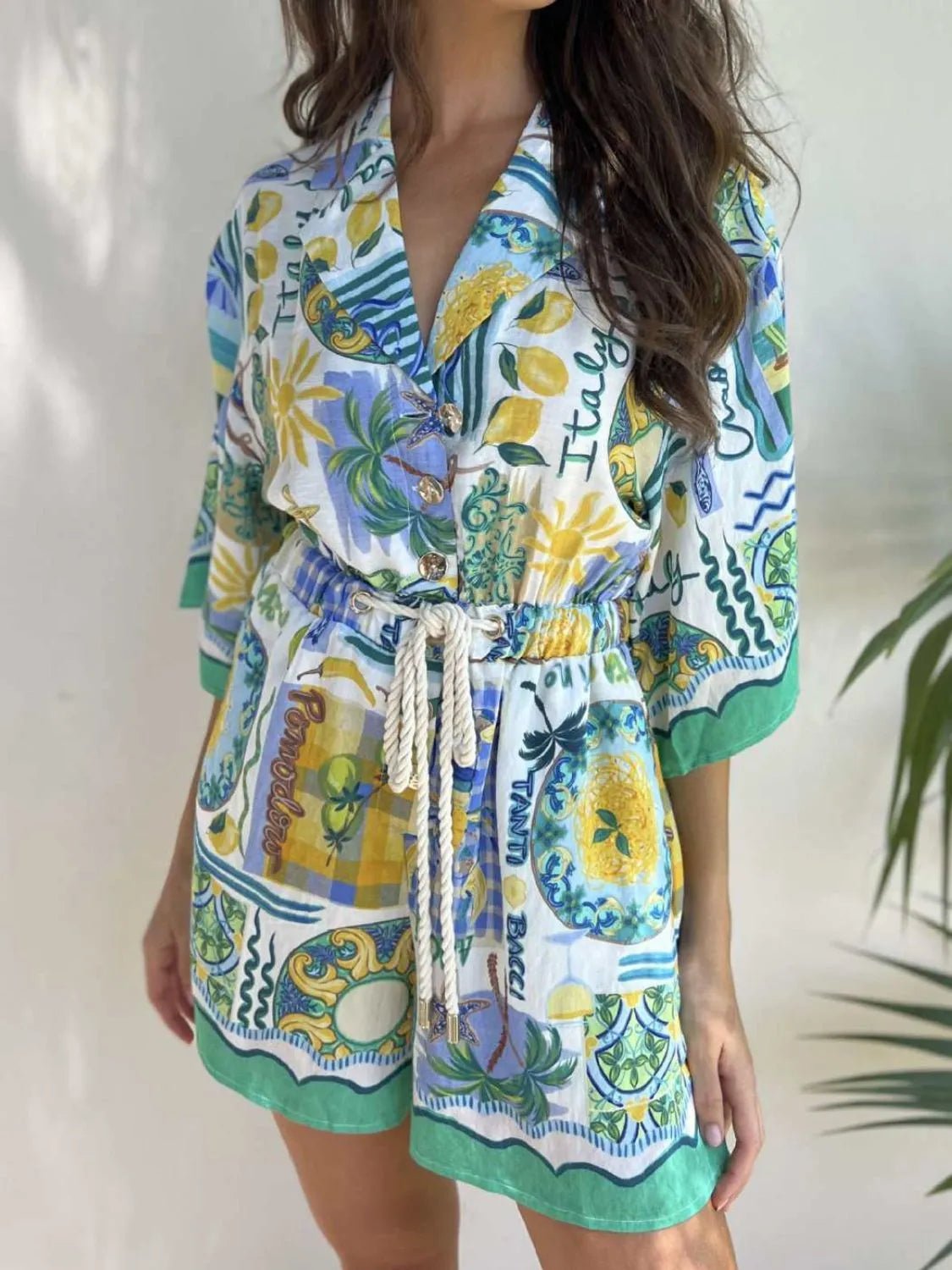 Printed Collared Neck Half Sleeve Romper - MAD RUFFI