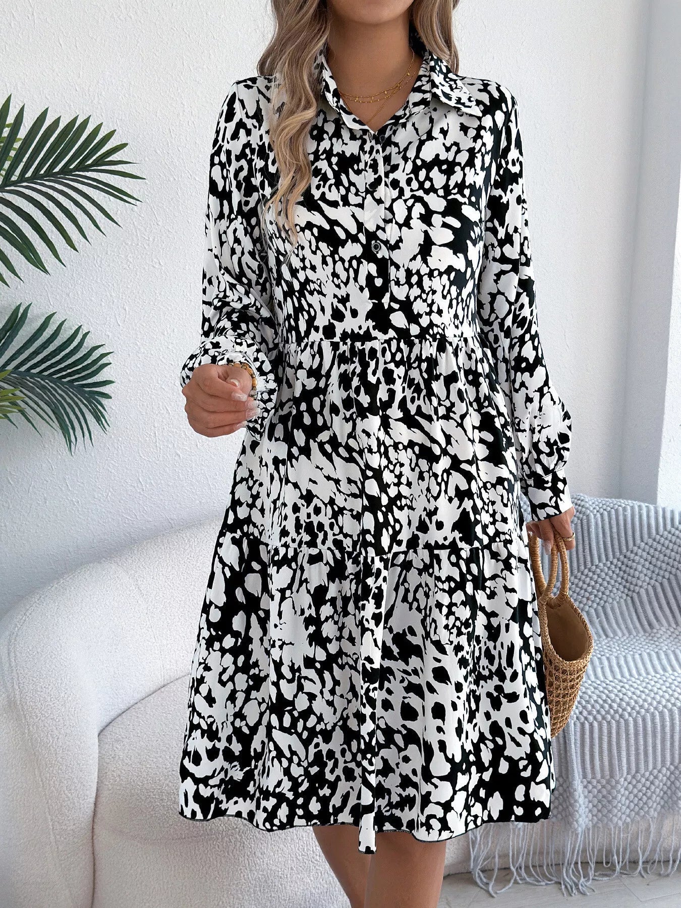 Printed Collared Neck Long Sleeve Dress - MAD RUFFI