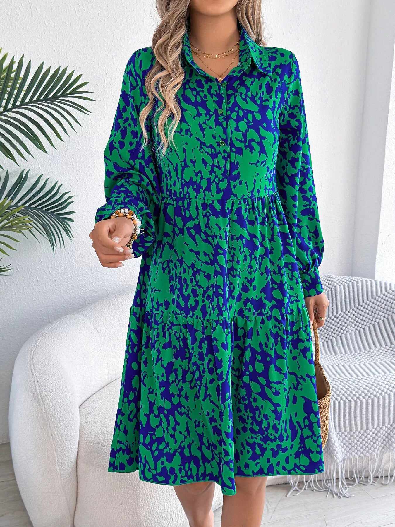 Printed Collared Neck Long Sleeve Dress - MAD RUFFI