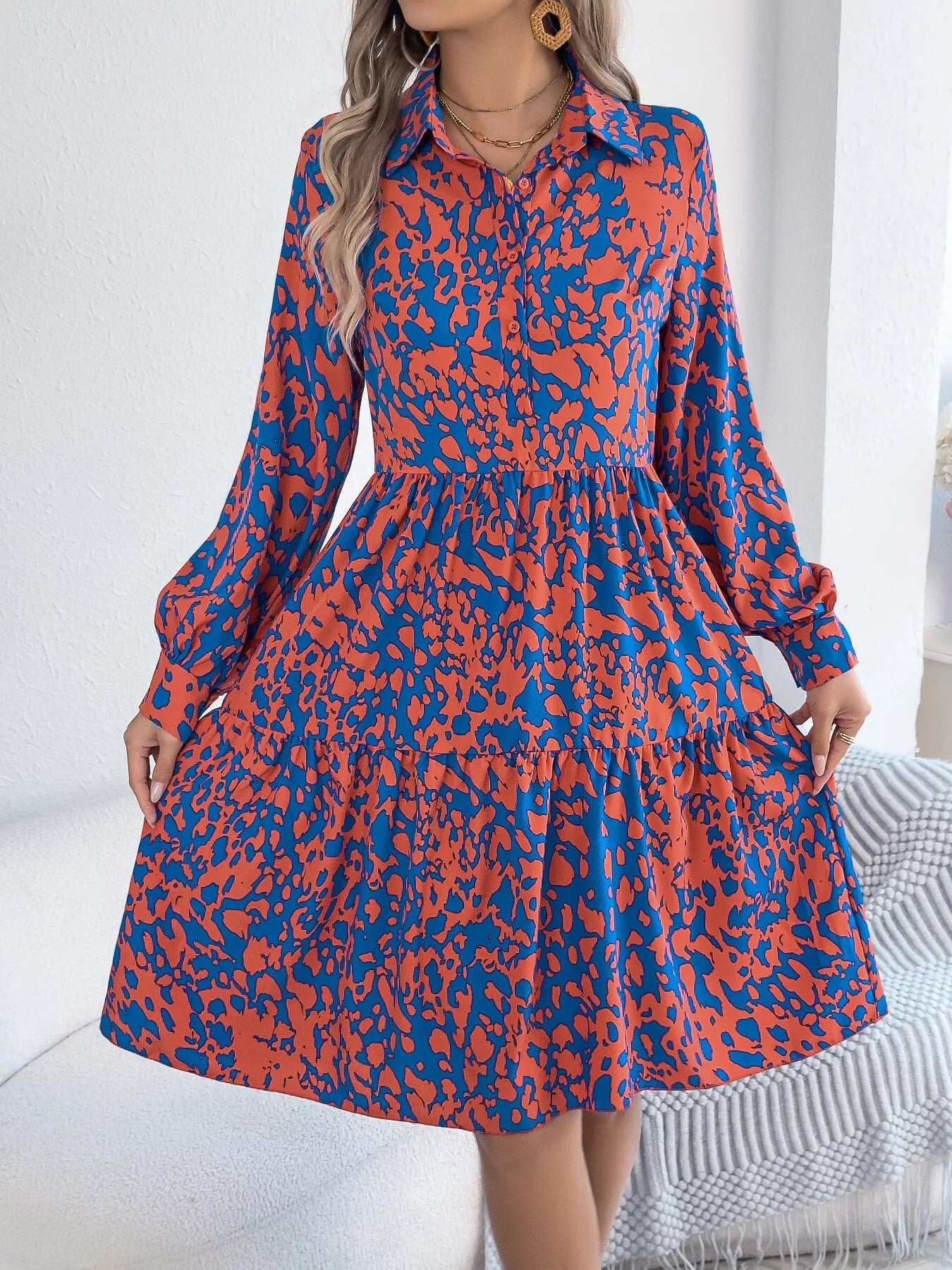 Printed Collared Neck Long Sleeve Dress - MAD RUFFI