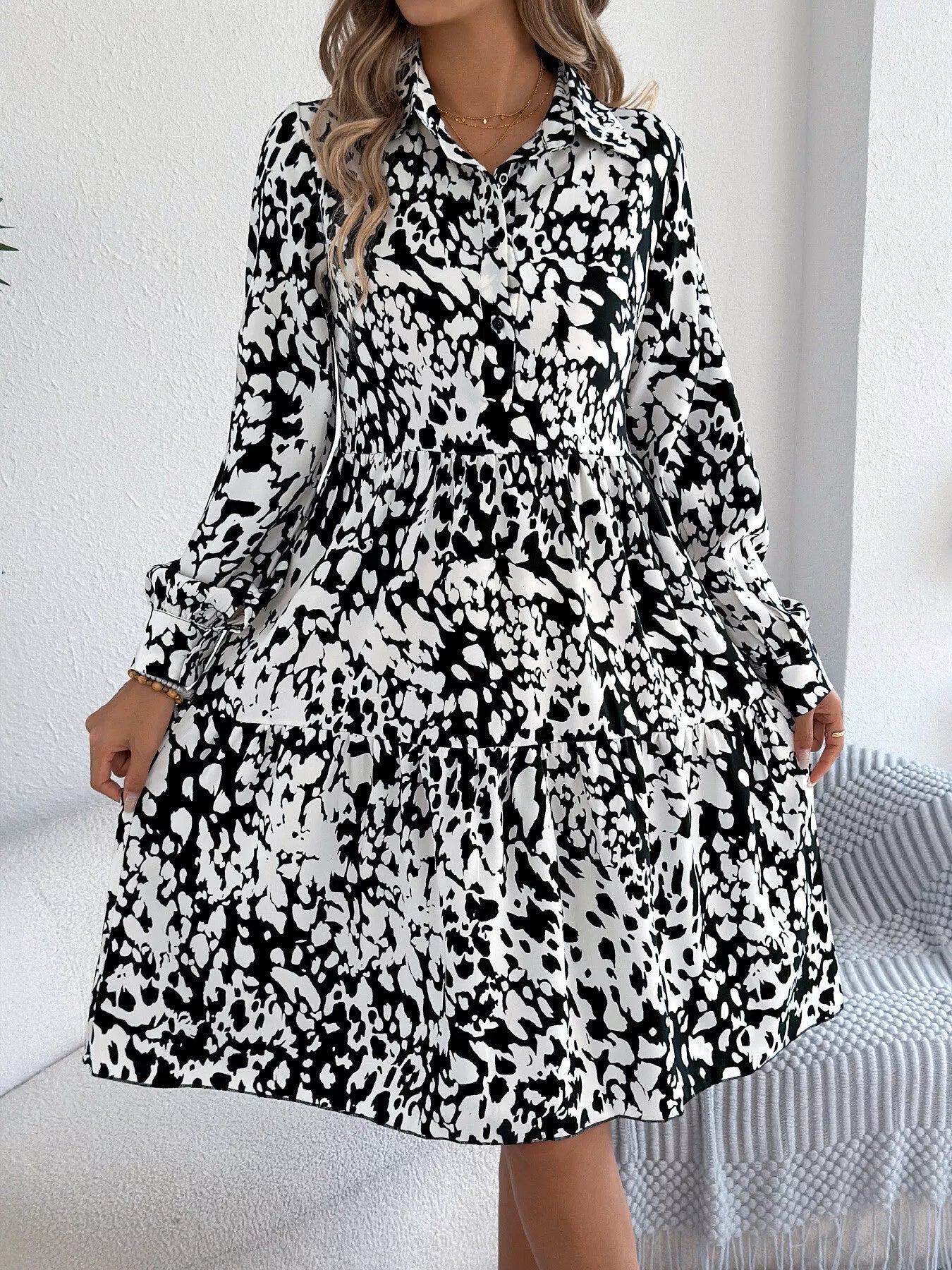 Printed Collared Neck Long Sleeve Dress - MAD RUFFI