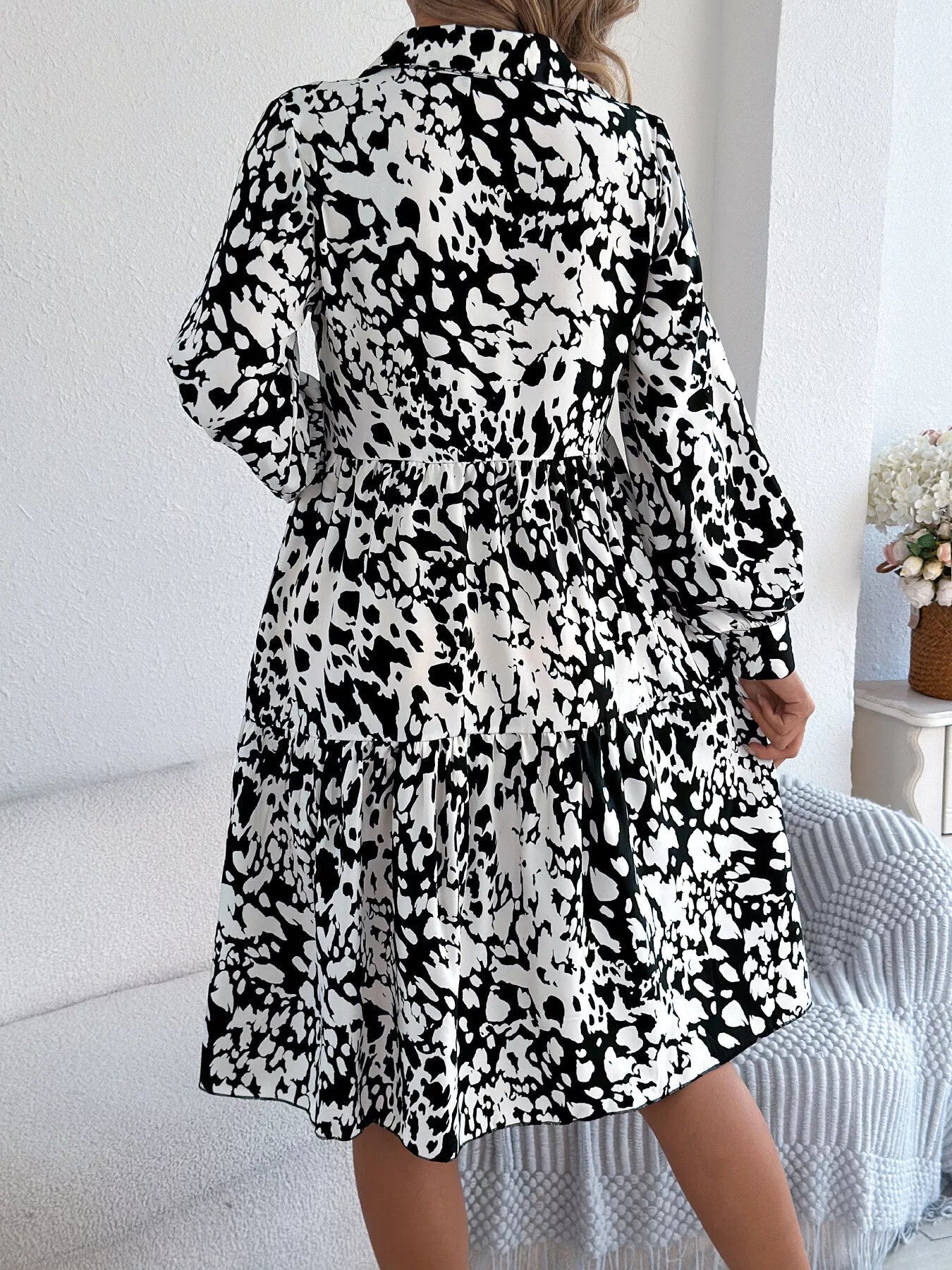 Printed Collared Neck Long Sleeve Dress - MAD RUFFI