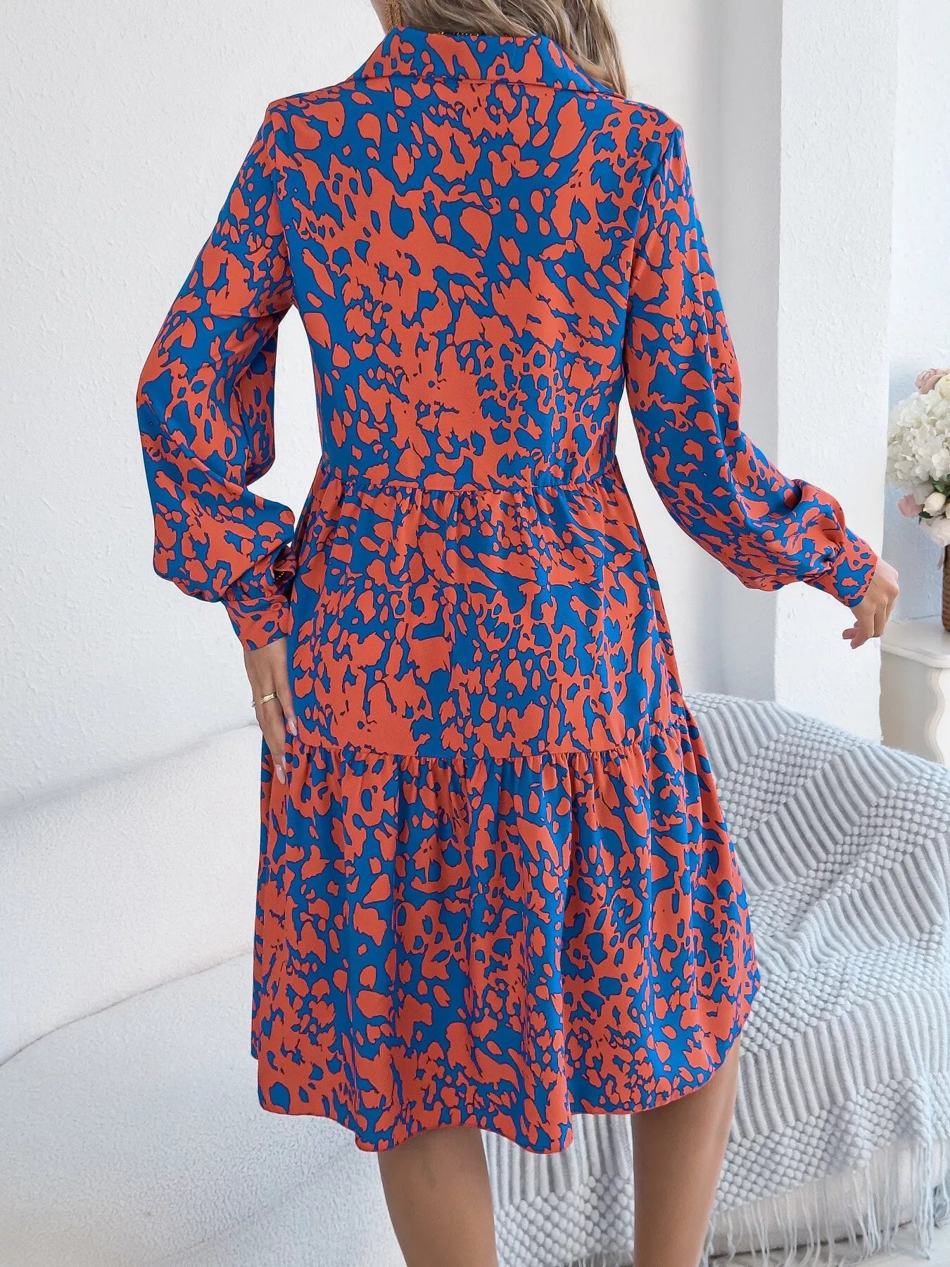 Printed Collared Neck Long Sleeve Dress - MAD RUFFI
