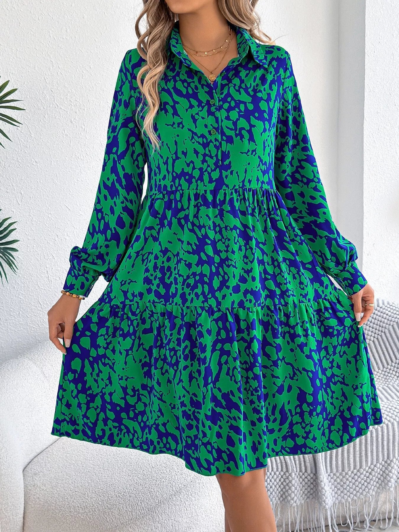 Printed Collared Neck Long Sleeve Dress - MAD RUFFI