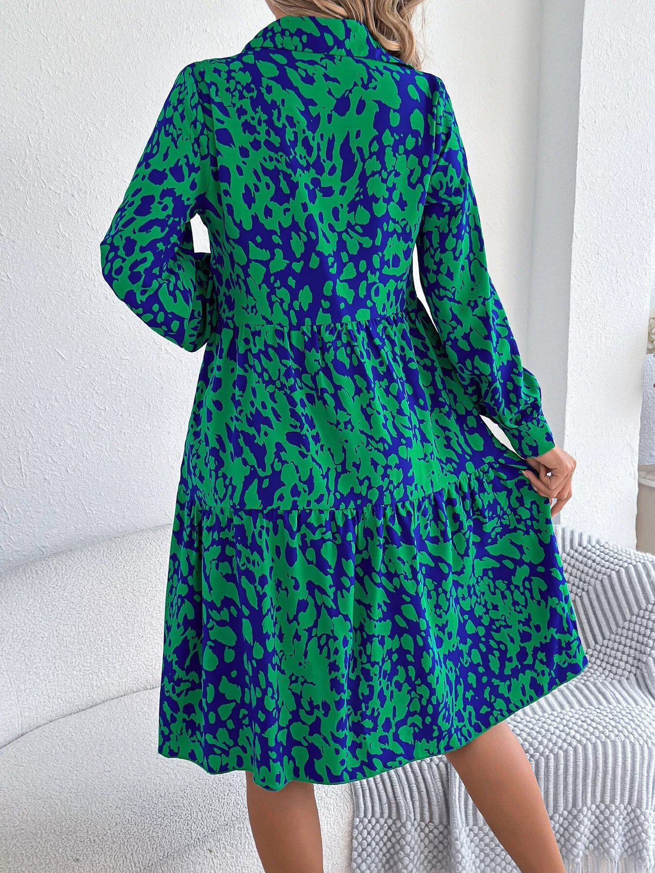 Printed Collared Neck Long Sleeve Dress - MAD RUFFI