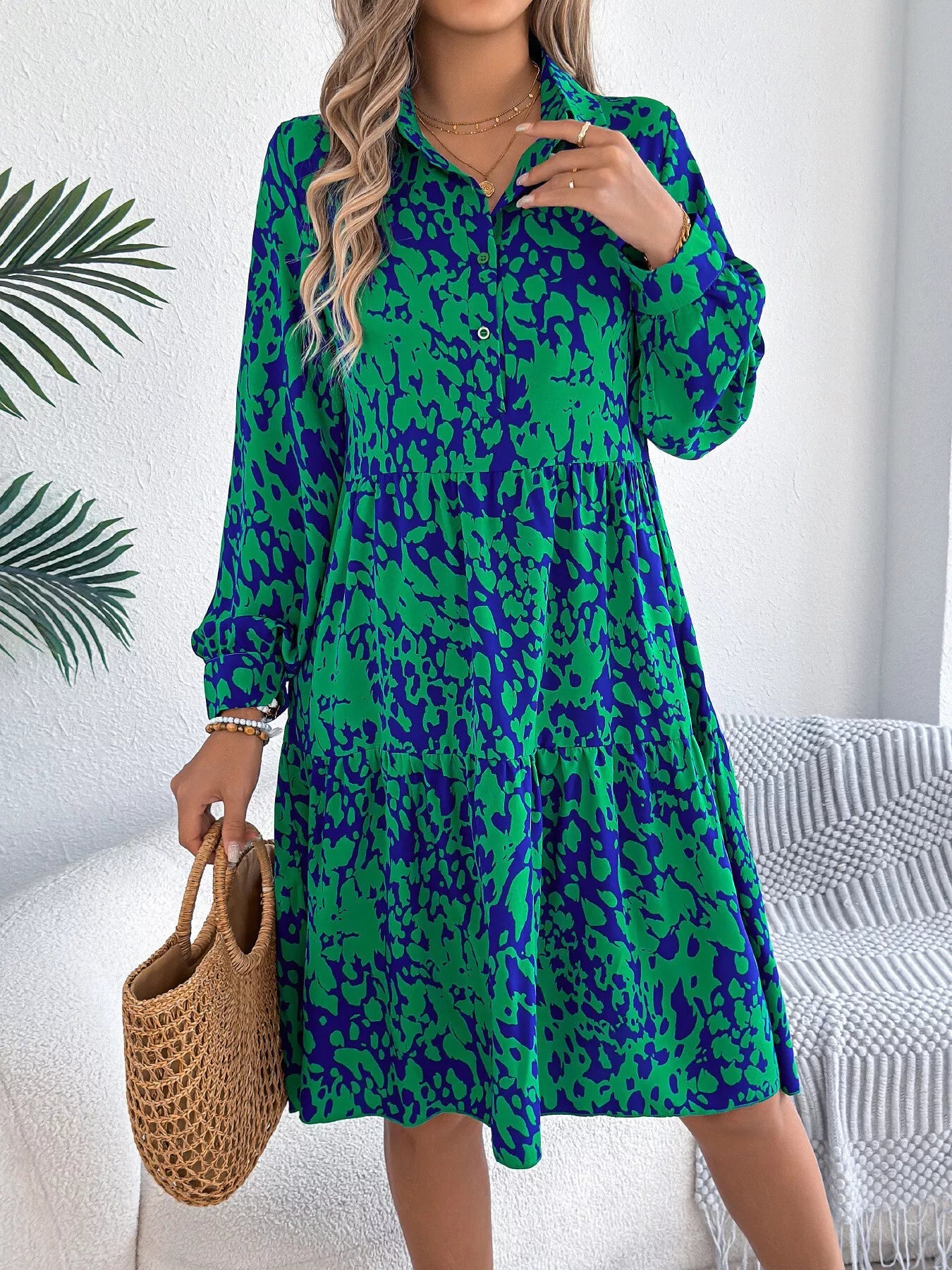 Printed Collared Neck Long Sleeve Dress - MAD RUFFI