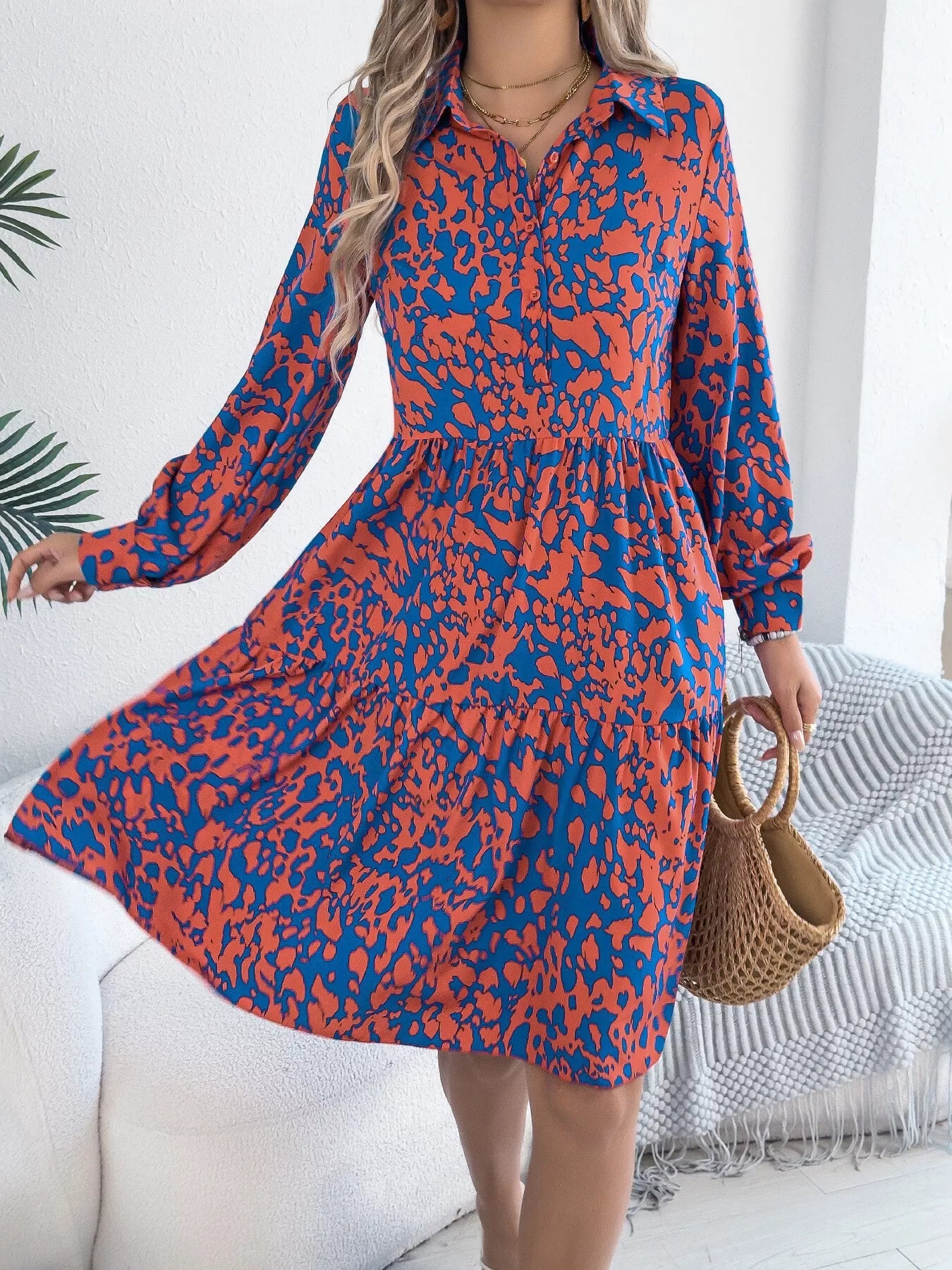 Printed Collared Neck Long Sleeve Dress - MAD RUFFI