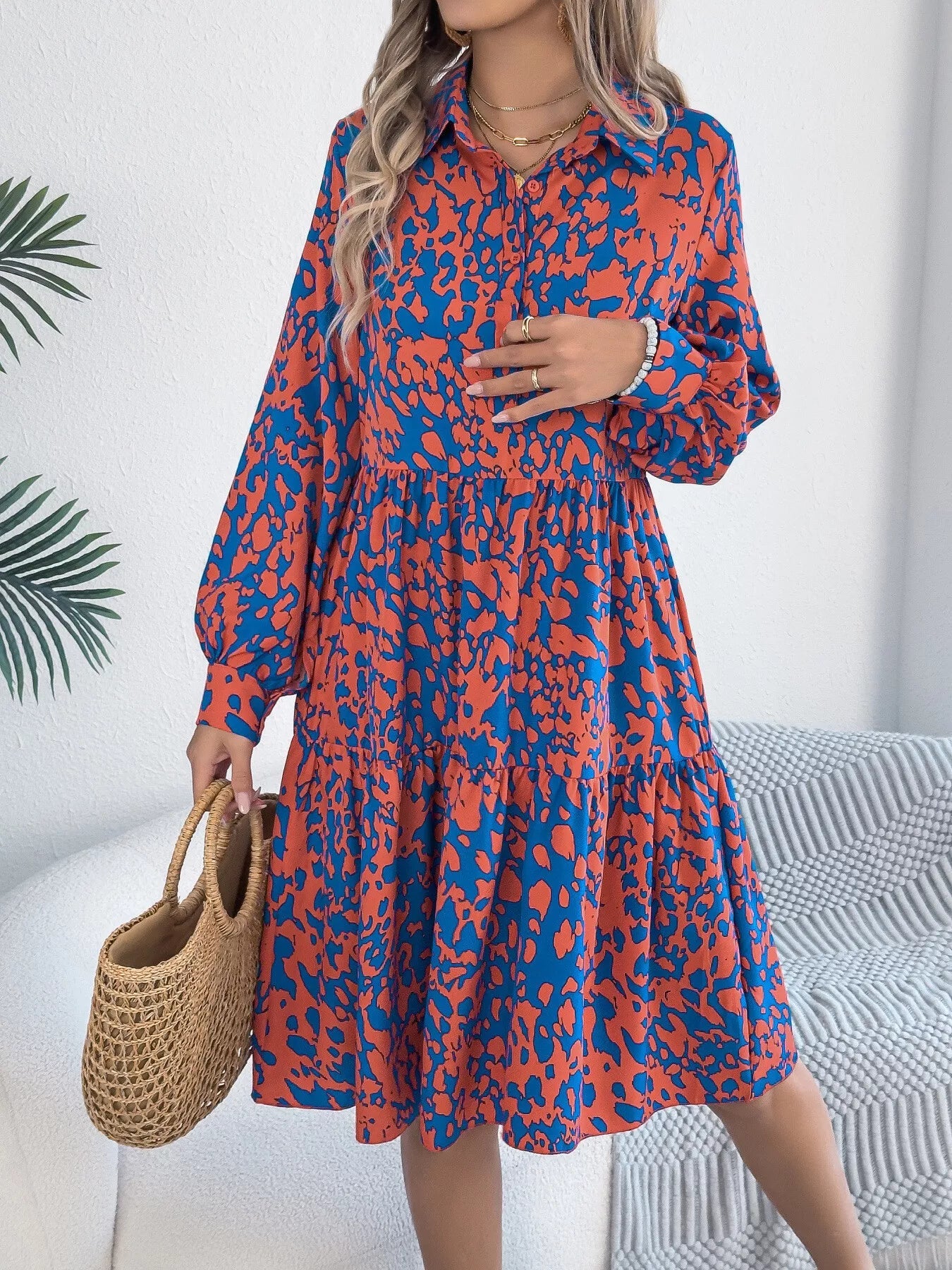 Printed Collared Neck Long Sleeve Dress - MAD RUFFI
