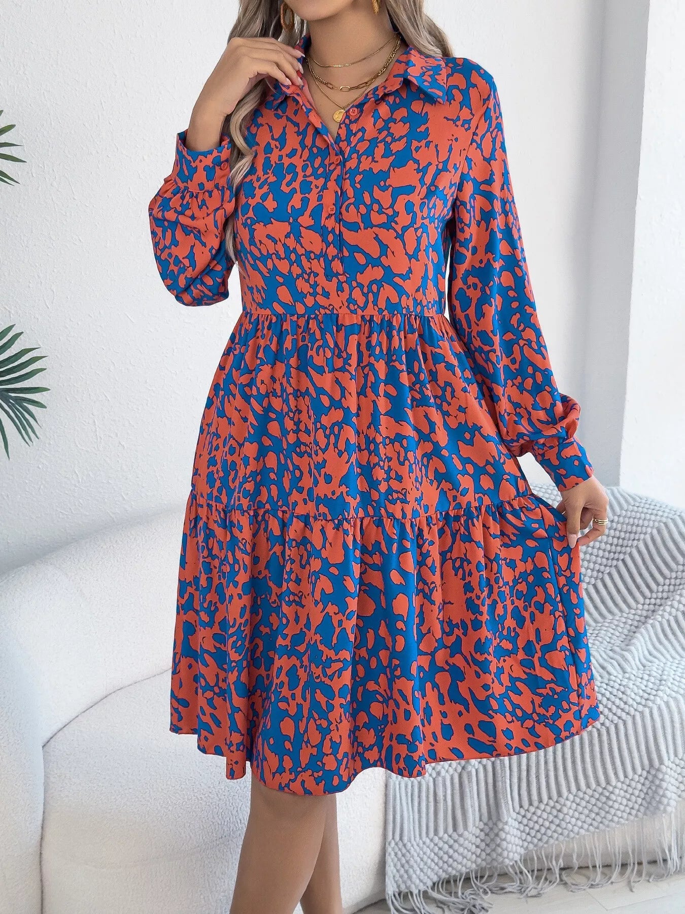 Printed Collared Neck Long Sleeve Dress - MAD RUFFI