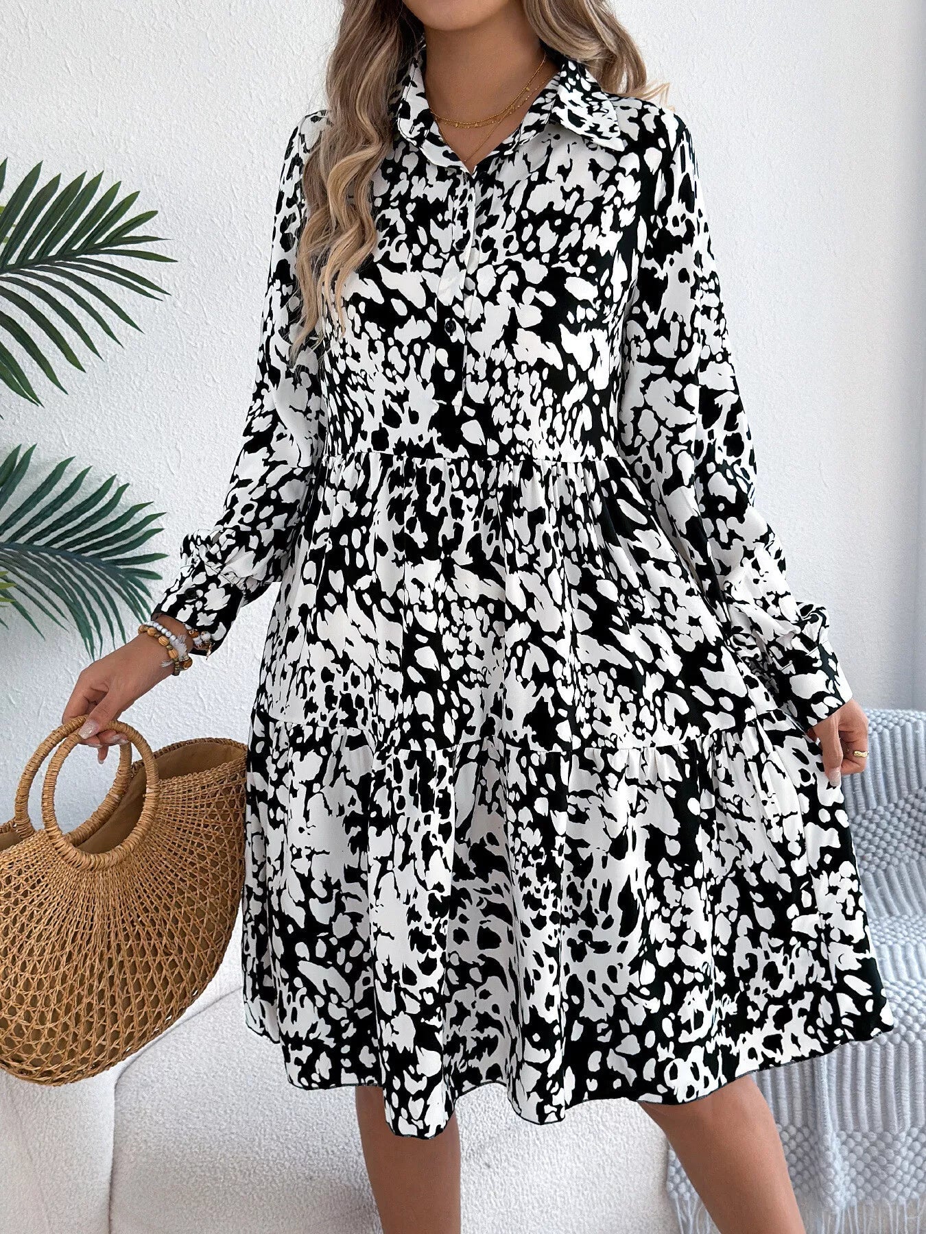 Printed Collared Neck Long Sleeve Dress - MAD RUFFI