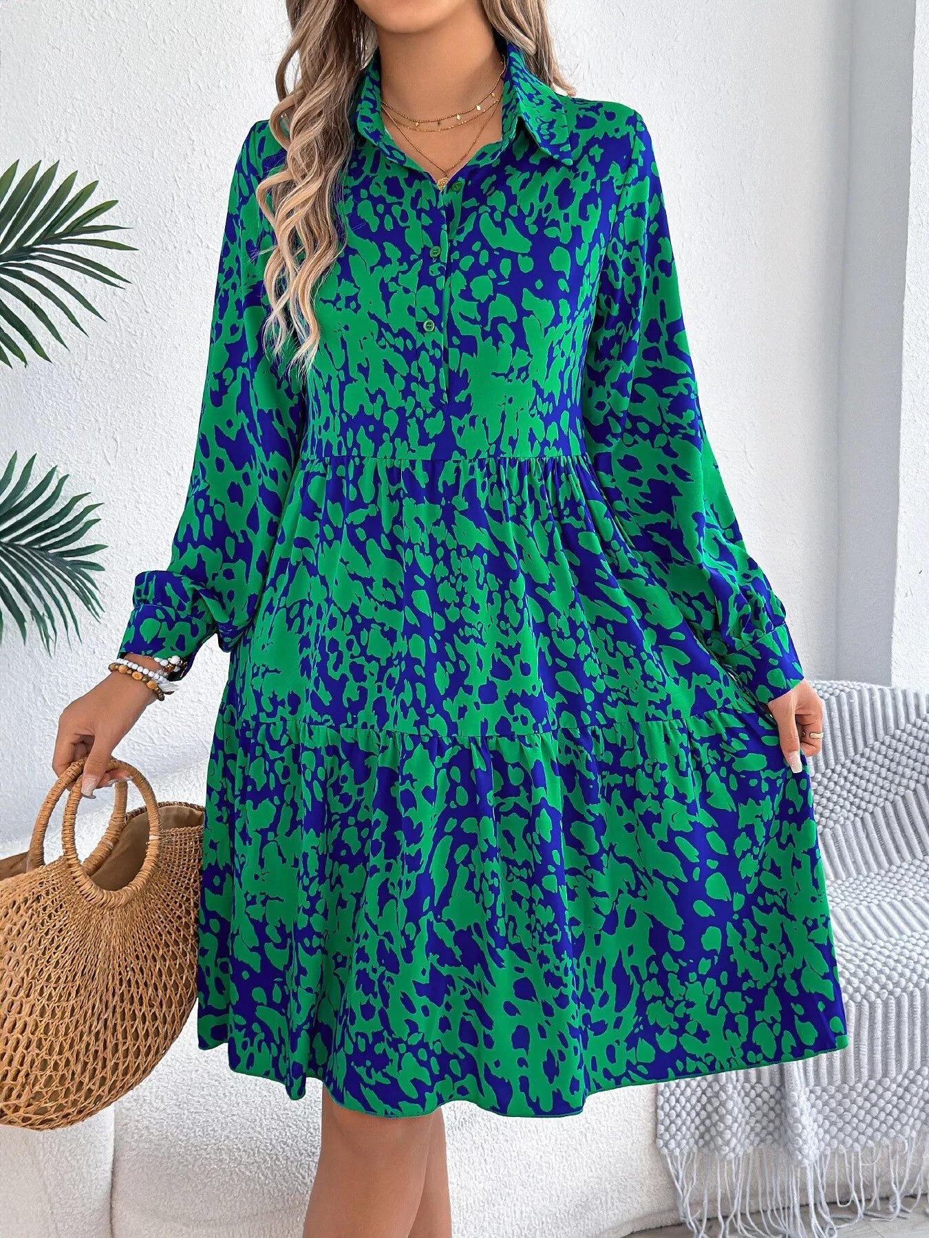 Printed Collared Neck Long Sleeve Dress - MAD RUFFI