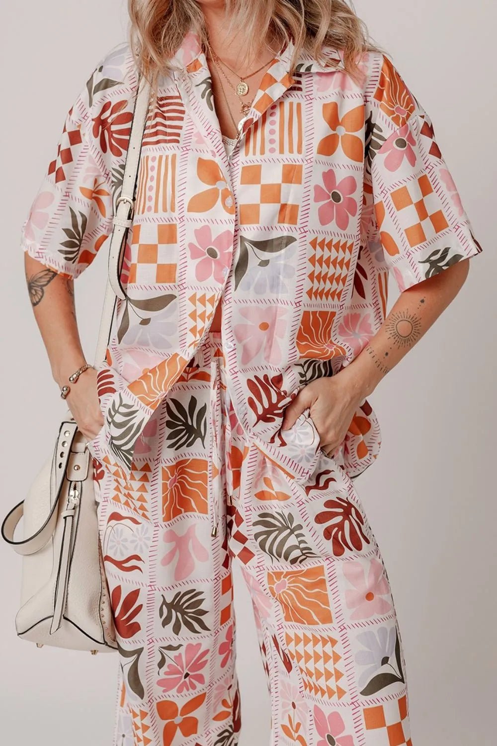 Printed Collared Neck Shirt and Wide Leg Pants Set - MAD RUFFI