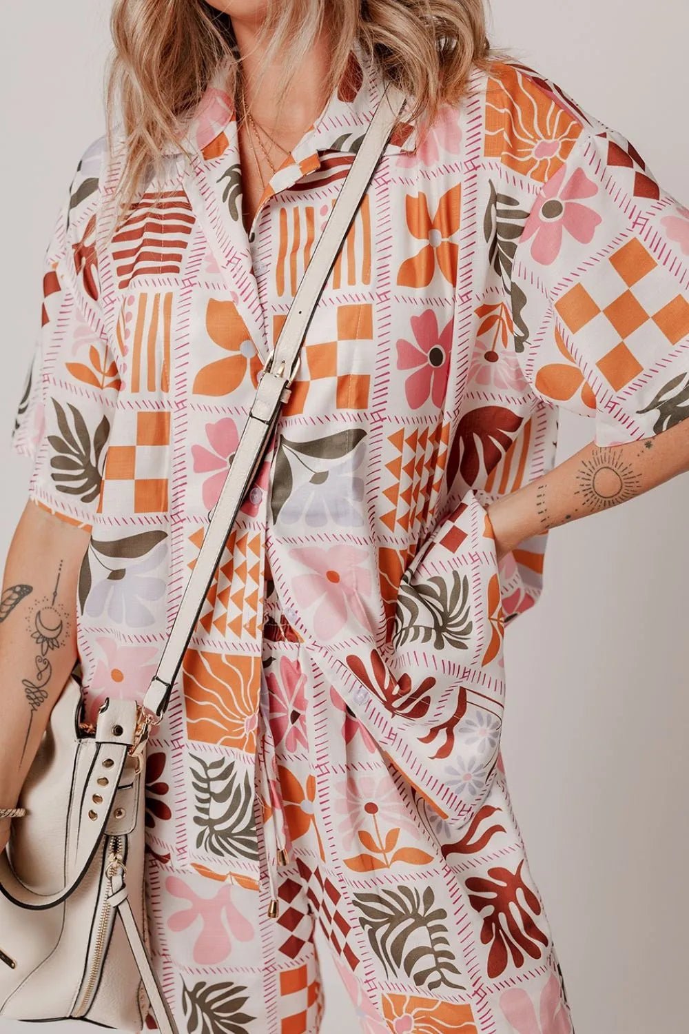 Printed Collared Neck Shirt and Wide Leg Pants Set - MAD RUFFI