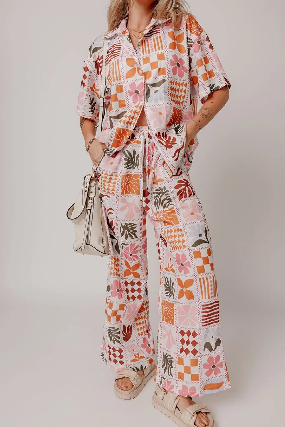 Printed Collared Neck Shirt and Wide Leg Pants Set - MAD RUFFI
