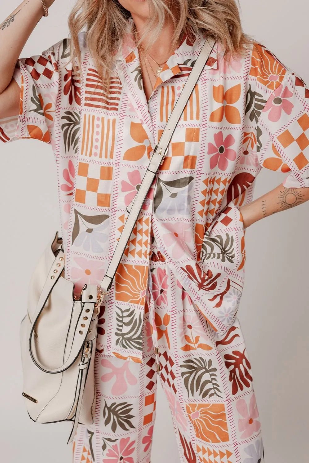 Printed Collared Neck Shirt and Wide Leg Pants Set - MAD RUFFI