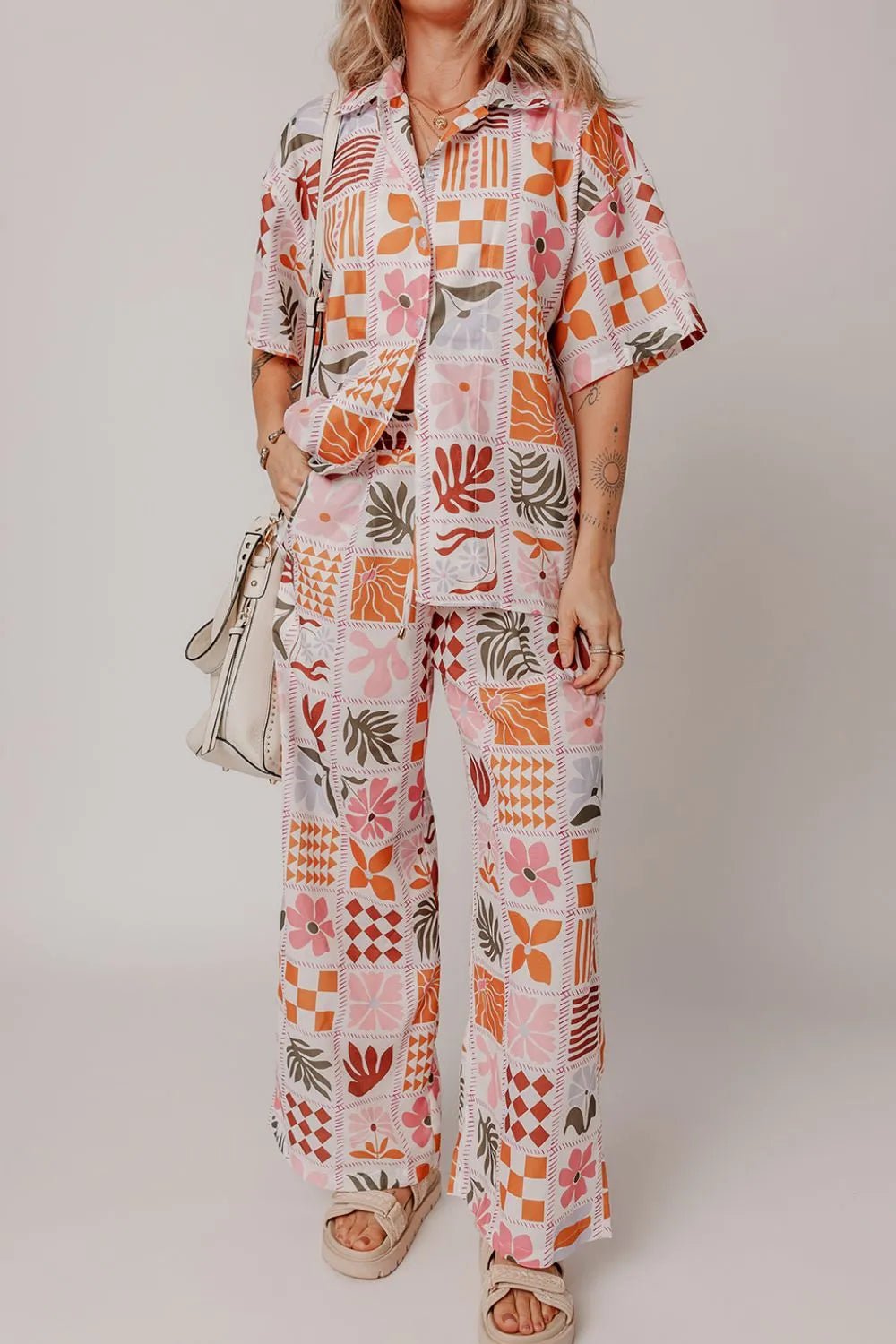 Printed Collared Neck Shirt and Wide Leg Pants Set - MAD RUFFI