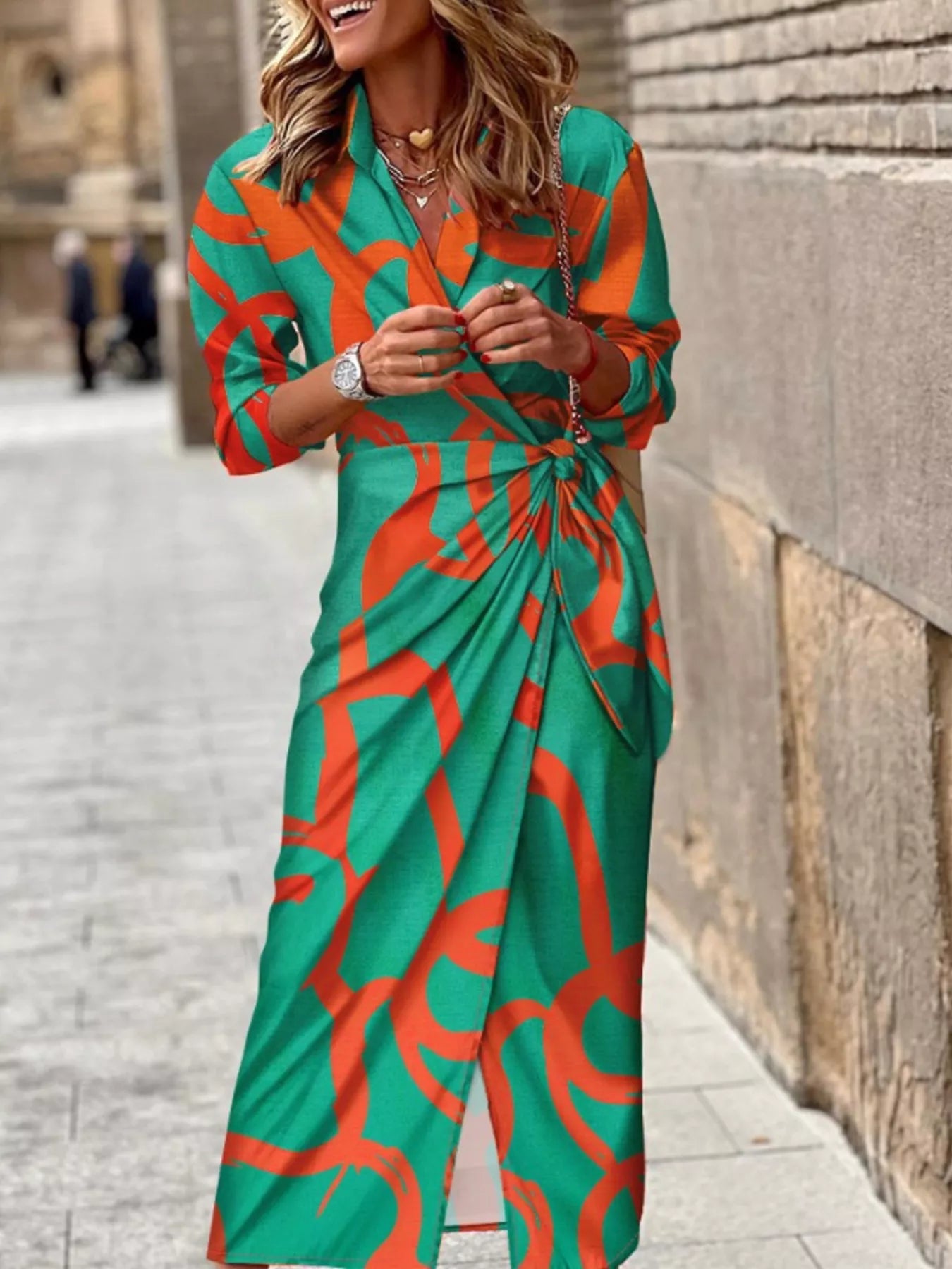 Printed Collared Neck Shirt Dress - MAD RUFFI