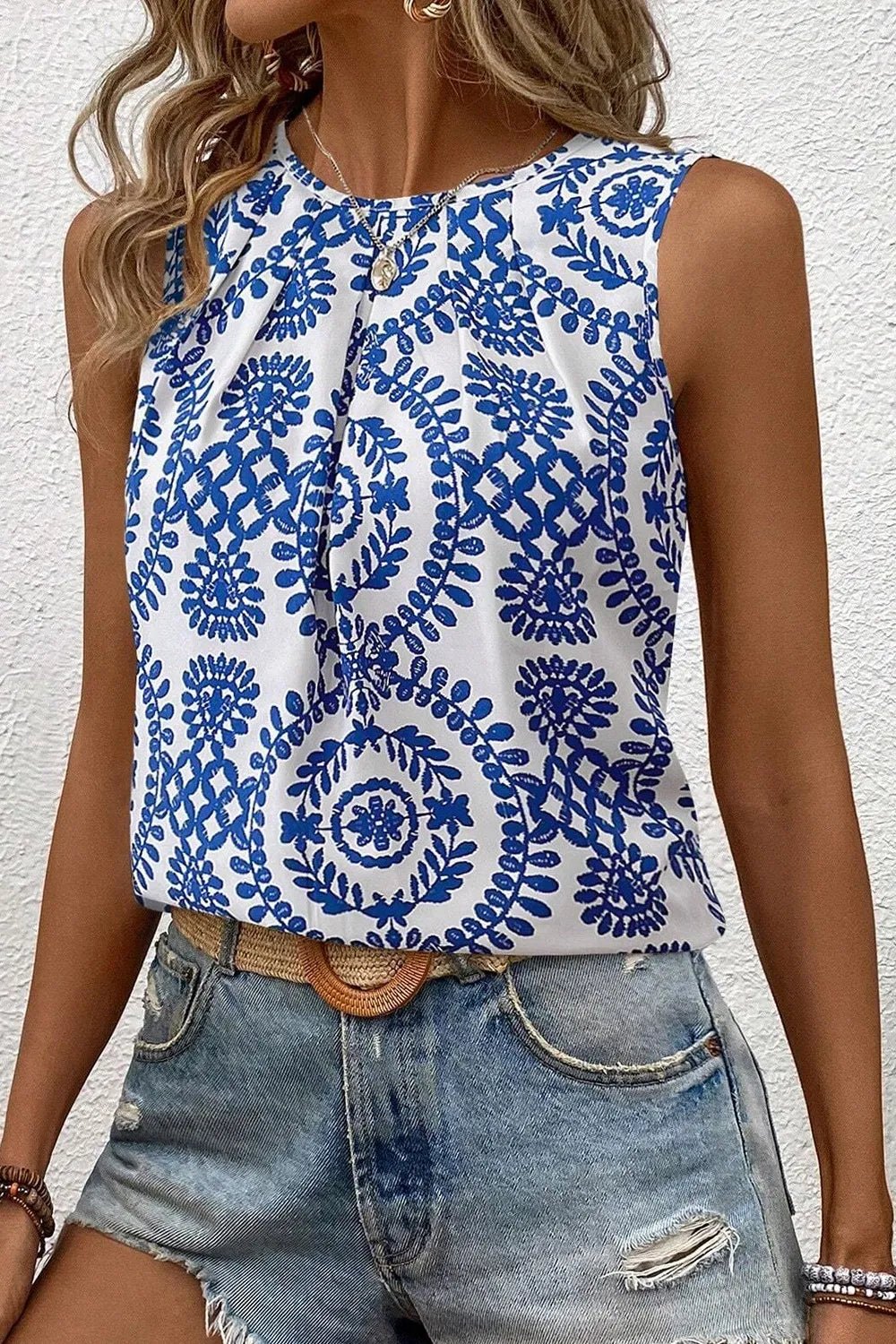 Printed Crew Neck Sleeveless Top - MAD RUFFI