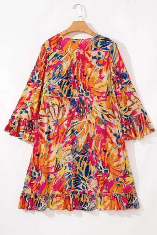 Printed Flare Sleeve Ruffled Hem Dress - MAD RUFFI