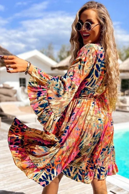 Printed Flare Sleeve Ruffled Hem Dress - MAD RUFFI