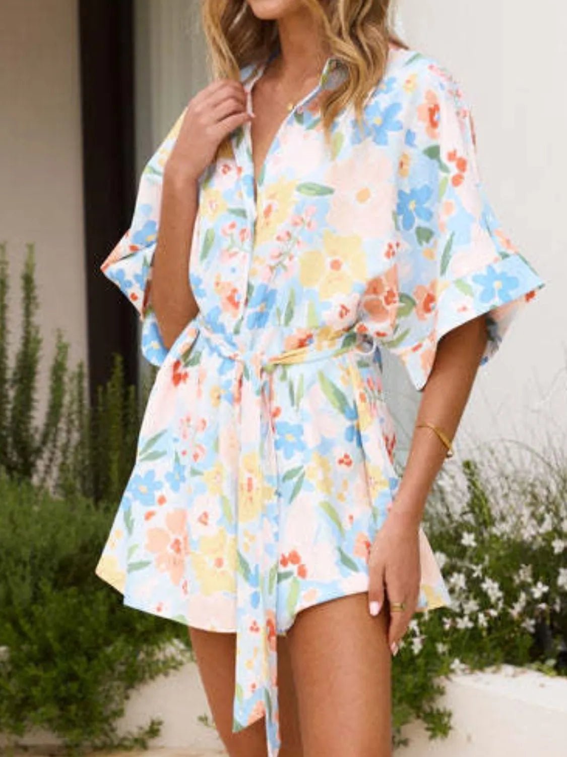 Printed Half Sleeve Tie Waist Romper - MAD RUFFI