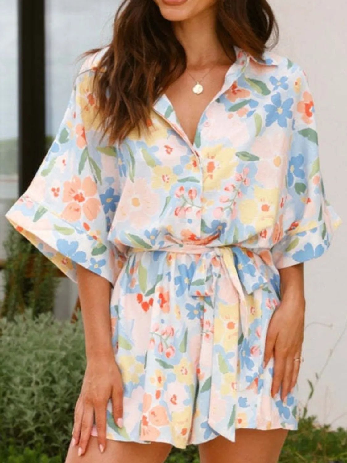 Printed Half Sleeve Tie Waist Romper - MAD RUFFI